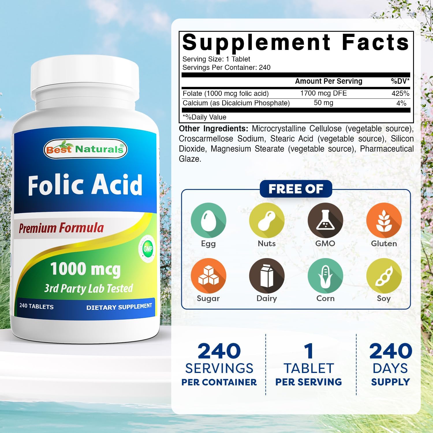 Detalle 2 de Best Naturals Folic Acid Tablets 1000 mcg