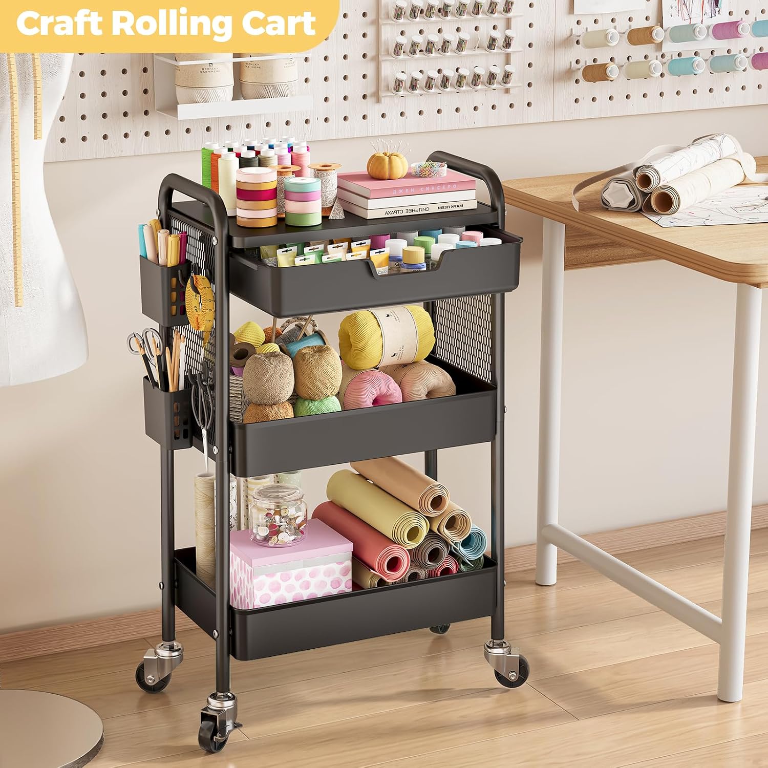Thumbnail 6 de KINGBOARD RY810536 3-Tier Metal Rolling Cart with Drawer, Hooks and Locking Wheels