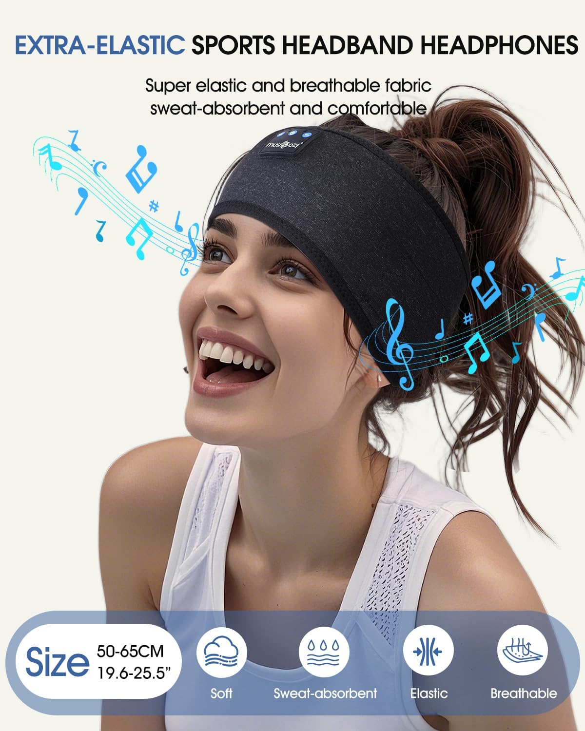 Detalle de MUSICOZY Schlafkopfhörer – Ultradünn, Bluetooth 5.4, 14 Std. Akku, waschbar