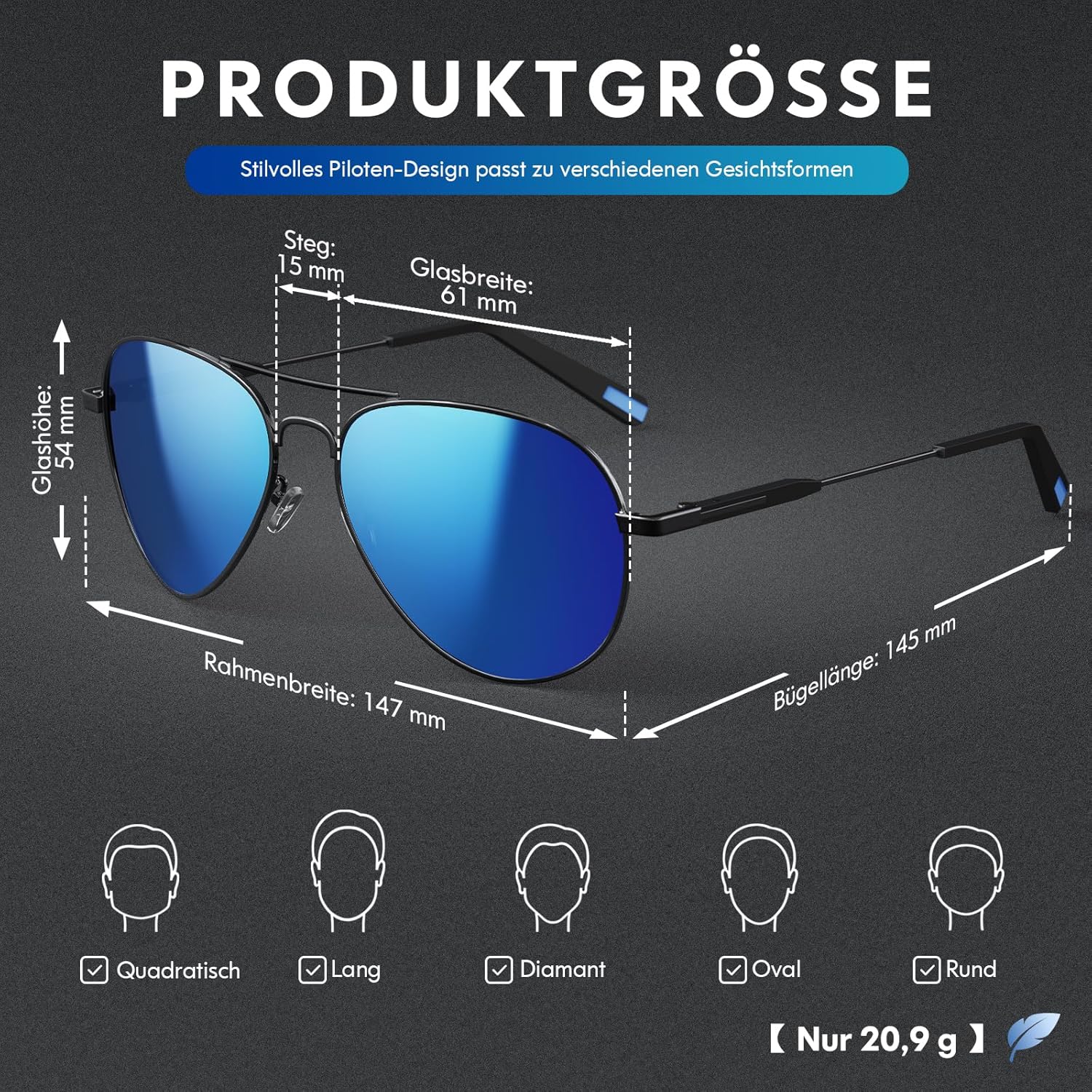Detalle de DADA-PRO Sonnenbrille Herren Polarisiert Pilotenbrille Metallrahmen UV400 – Unisex