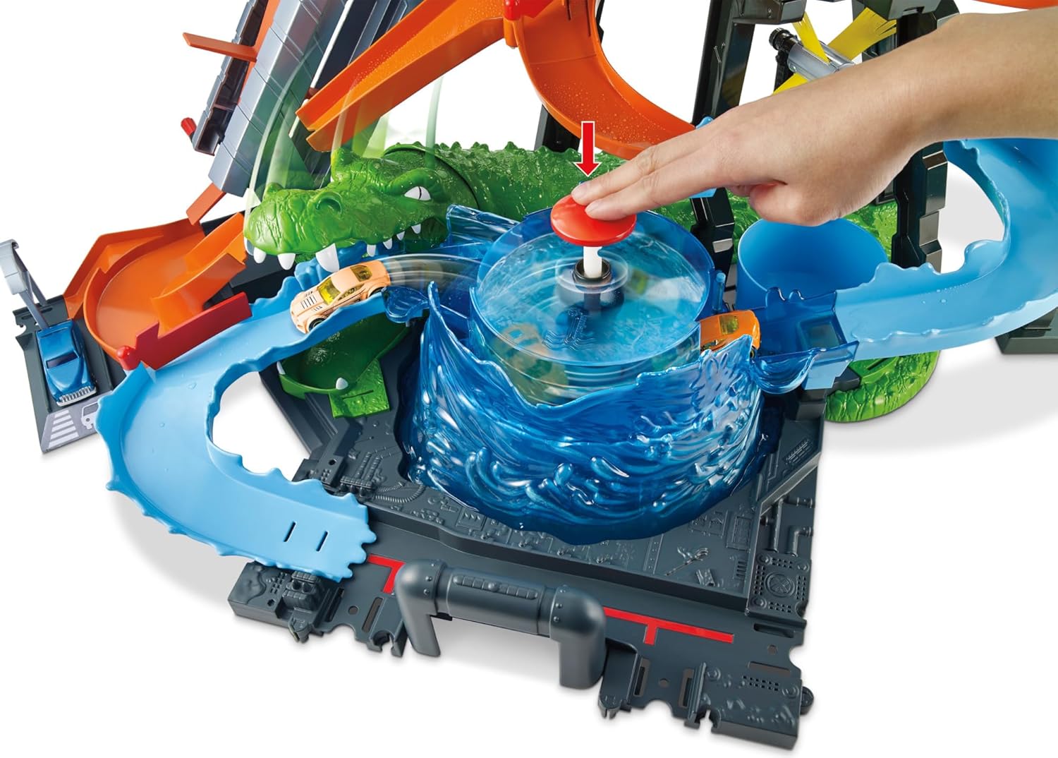 Detalle de Hot Wheels City Station de Lavage Ultime, Coffret avec Pistes Color Shifters et Alligator Géant (FTB67)