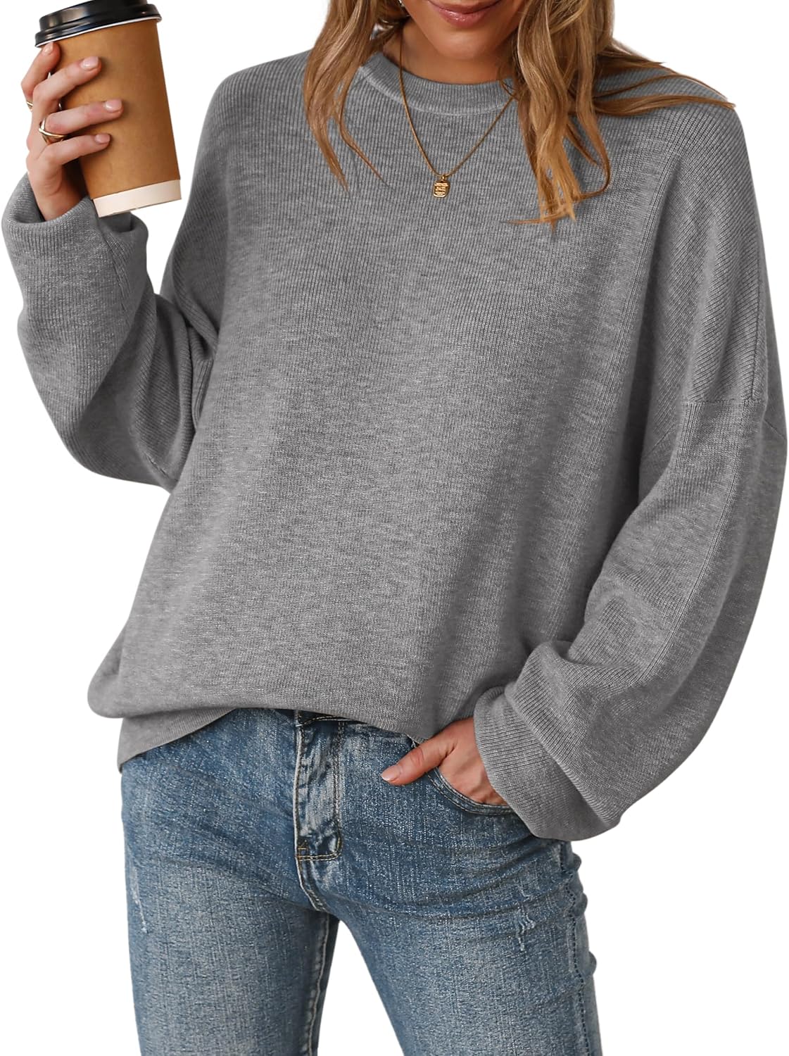 Detalle 2 de Arach&Cloz Women's Wool-Blend Oversized Sweater, Crewneck, Long Sleeve