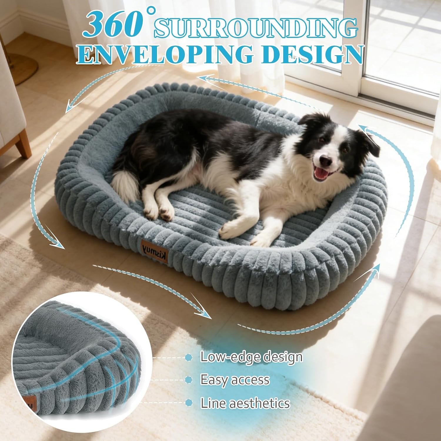 Detalle 2 de KISIMUY D26PB0002 Orthopedic Dog Bed, Memory Foam Bolster, 43 x 31 x 5.5 in