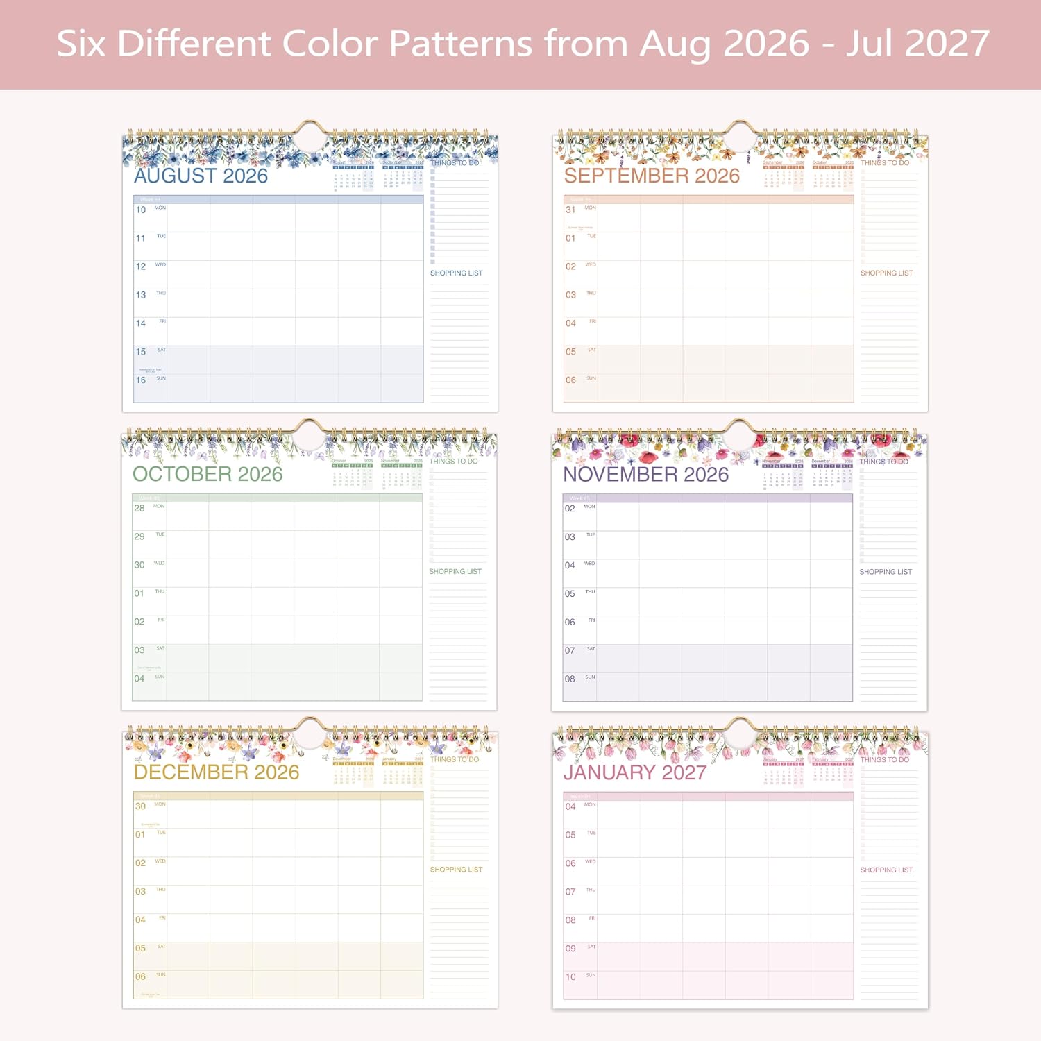 Detalle de Family Calendar 2026-2027: Floral 6-Column Weekly Planner (Aug 2026–Jul 2027)