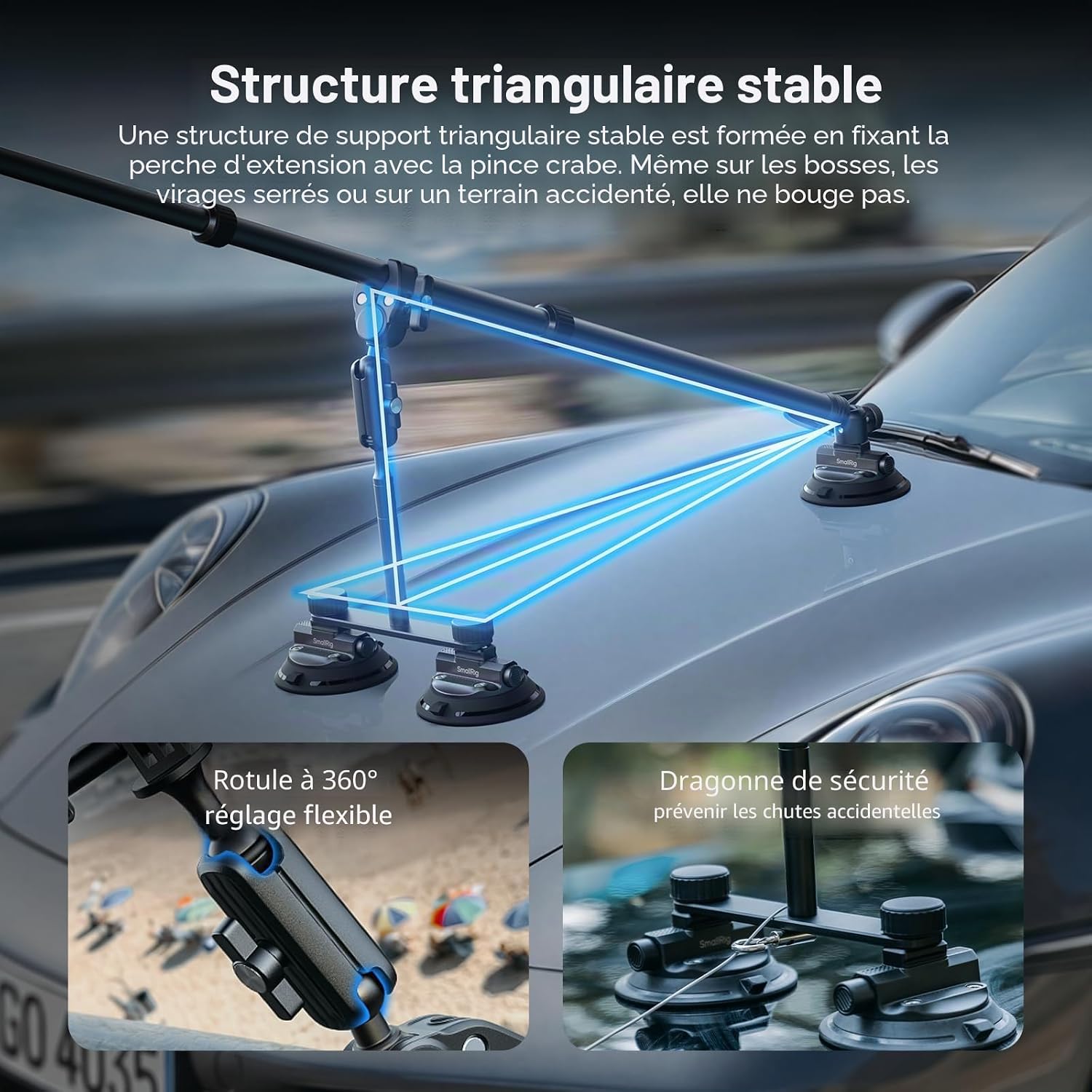 Thumbnail 1 de SmallRig Support Voiture pour Insta360/XOSMO/GoPro – Kit ventouse triple et perche télescopique 120 cm (5843)