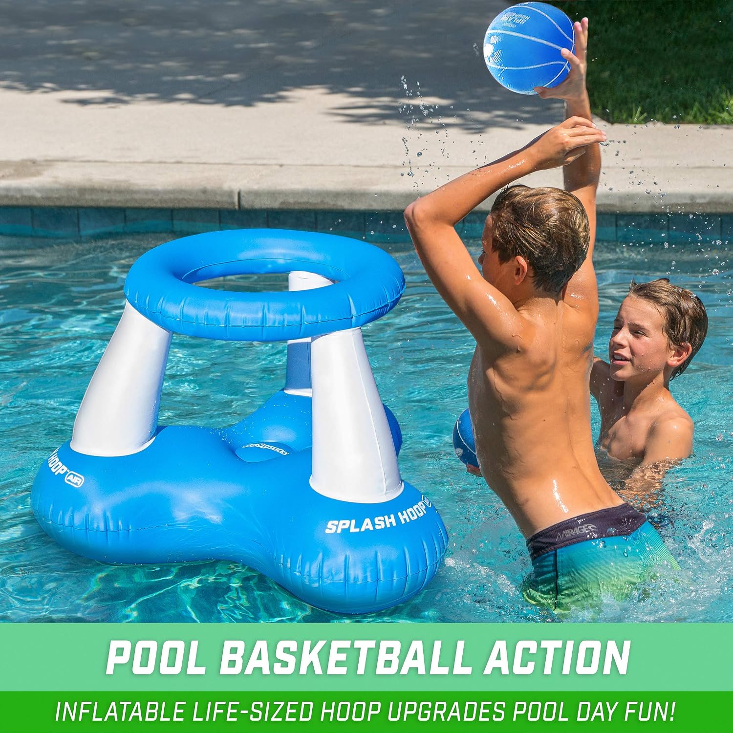 Detalle de GoSports Splash Hoop Air Bleu – Jeu gonflable de basket flottant pour piscine avec panier et ballons