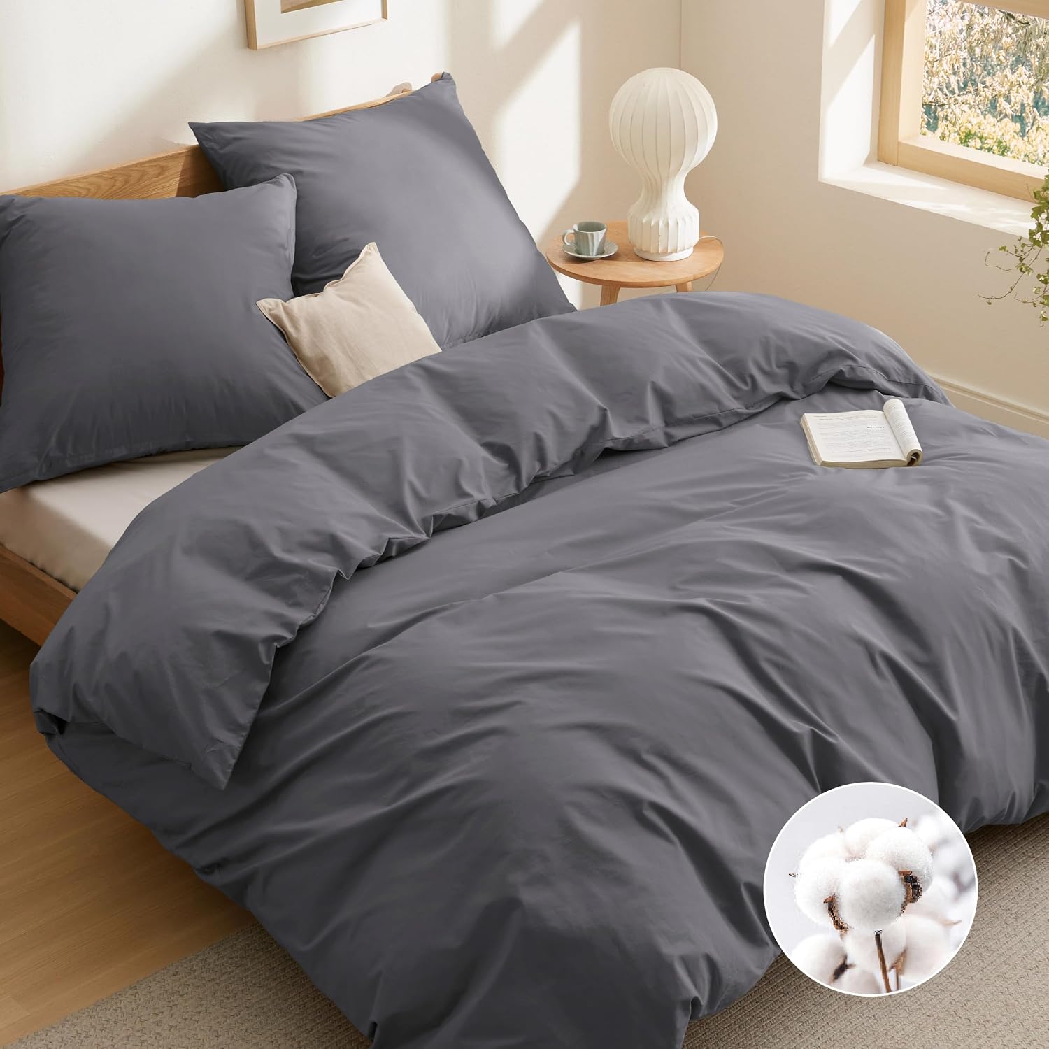 Detalle de BEDSURE Bettwäsche 200x200 Baumwolle, 3-teilig, dunkelgrau – 1x Bettbezug 200x200 + 2x Kissenbezüge 80x80, Reißverschluss, OEKO-TEX