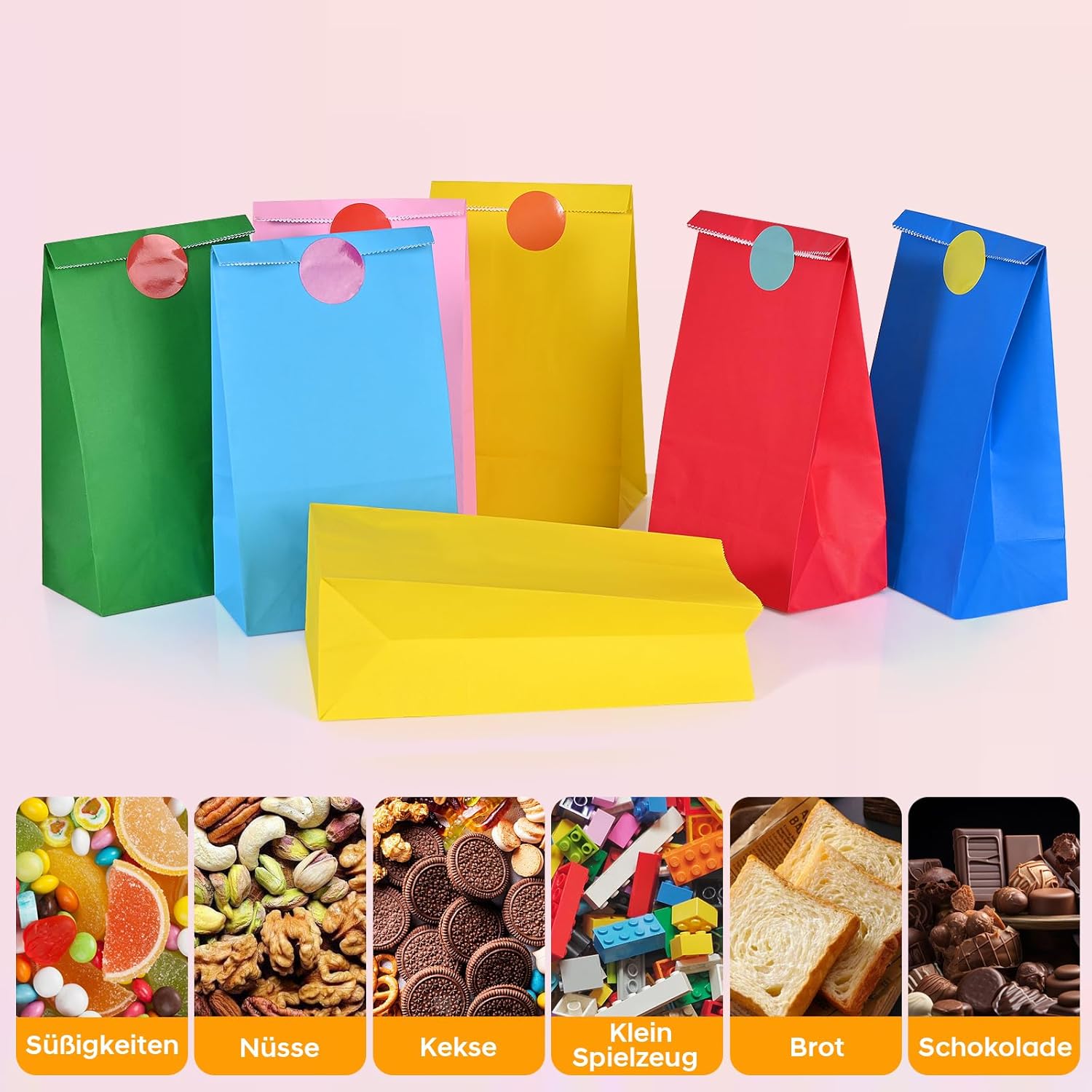Thumbnail 4 de HAMOHTE Papiertüten Bunt – 20 bunte Kraftpapier-Geschenktüten mit 60 Aufklebern (13 × 8 × 24 cm)