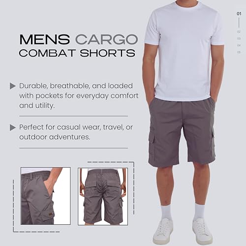 Thumbnail 3 de LABEL APPAREL Mens Cargo Combat Shorts: Grey Cotton-Blend, Regular Fit, 6XL