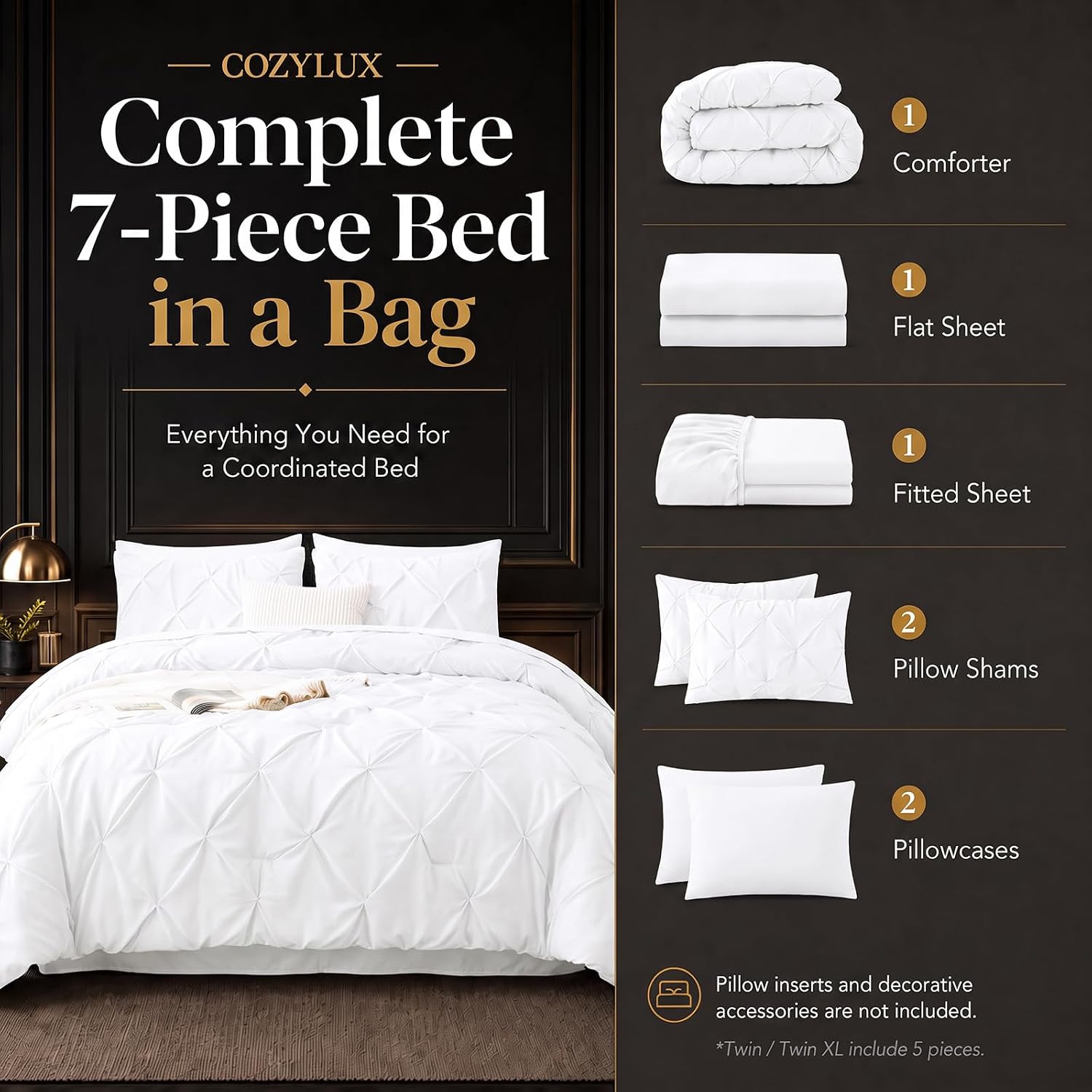 Thumbnail 3 de CozyLux CLUS22G2W1TW Twin Comforter Set, White 5-Piece Pintuck Bed-in-a-Bag