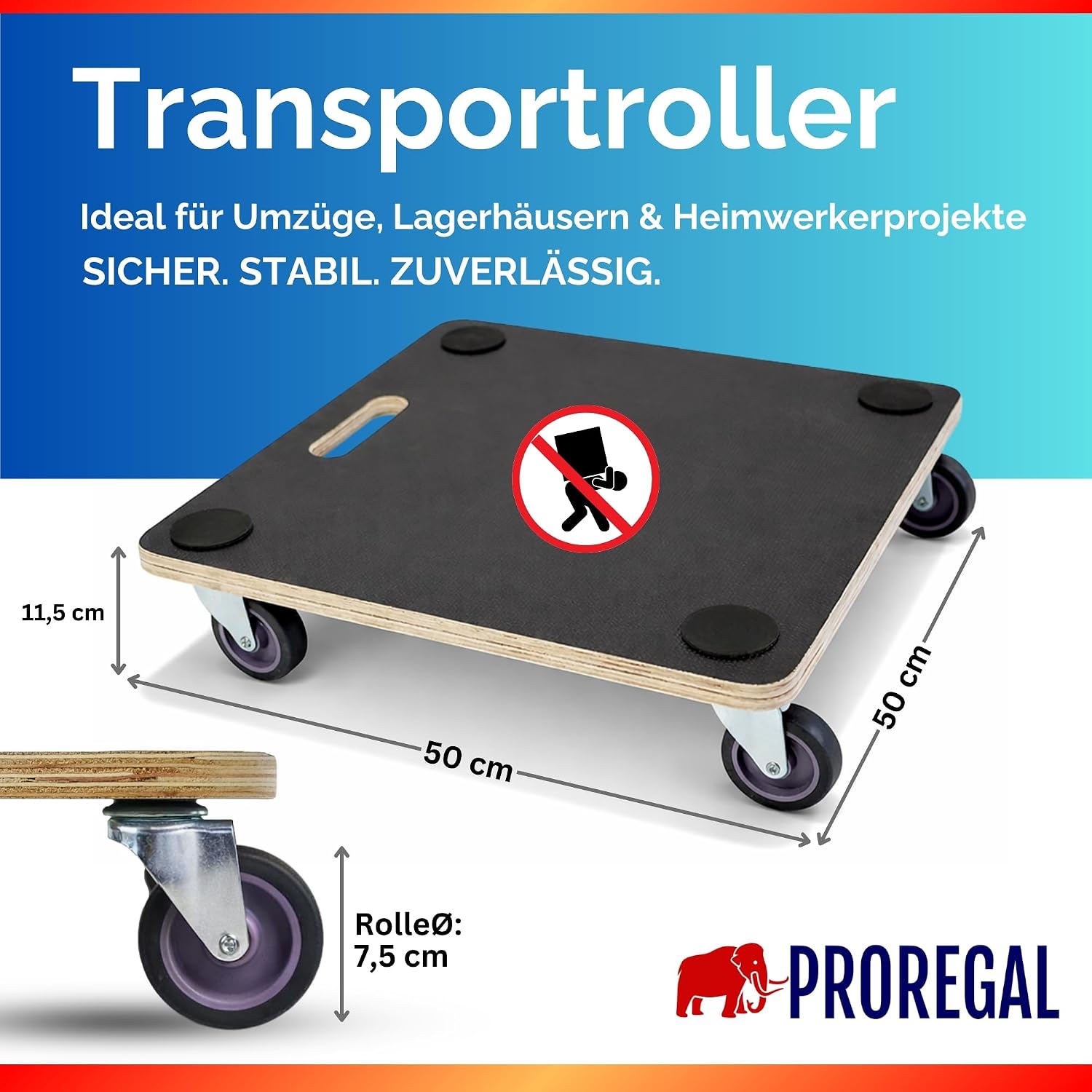 Detalle de PROREGAL 2er Set Profi Transportroller HERCULES (50 x 50 cm) bis 150 kg – Schwerlast-Rollbrett mit Griff