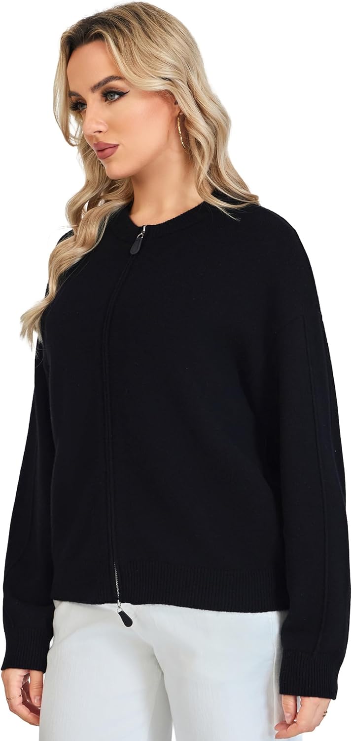 Detalle de VETLURY Damen Strickjacke aus Merinowolle mit Doppelreißverschluss – Rundhals Cardigan für Übergangszeiten