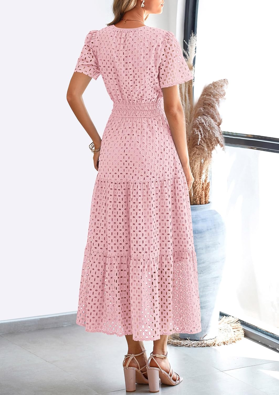 Detalle de PRETTYGARDEN Womens 2026 Summer Maxi Dress with Eyelet and V-Neck