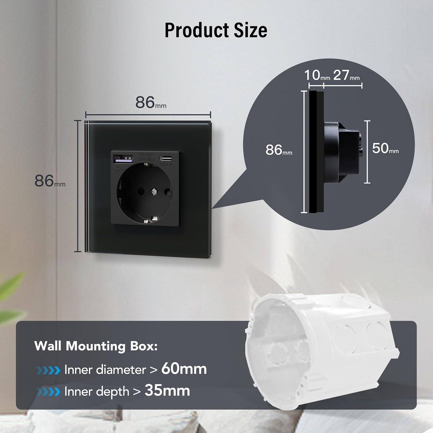 Thumbnail 6 de BSEED Glas-Steckdose mit 20W USB‑C Schnellladegerät (3‑in‑1), Unterputz-Wandsteckdose 1‑fach, schwarz