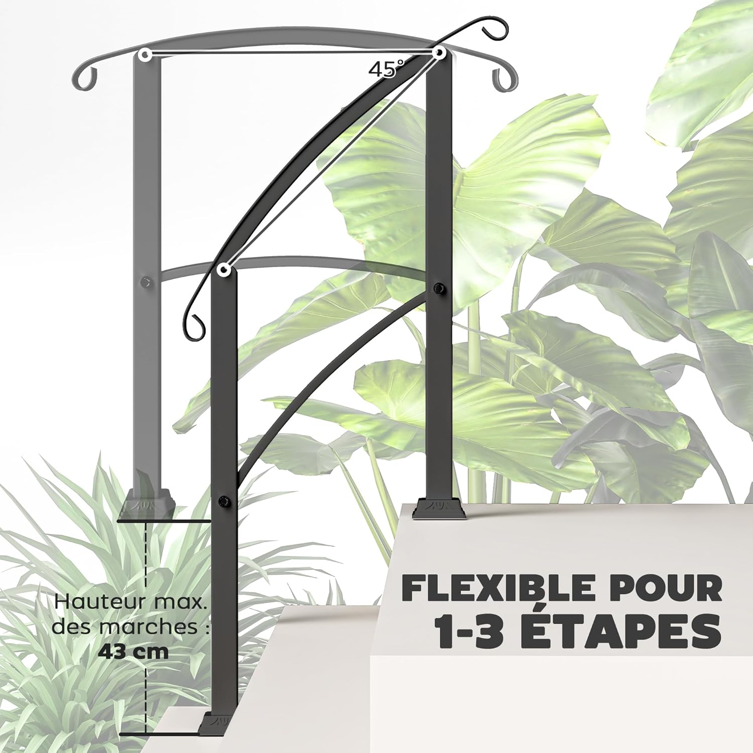 Detalle de Outsunny Rampe d’escalier extérieure pour 1 à 3 marches avec main courante et kit d’installation, angle réglable jusqu’à 45°, noir