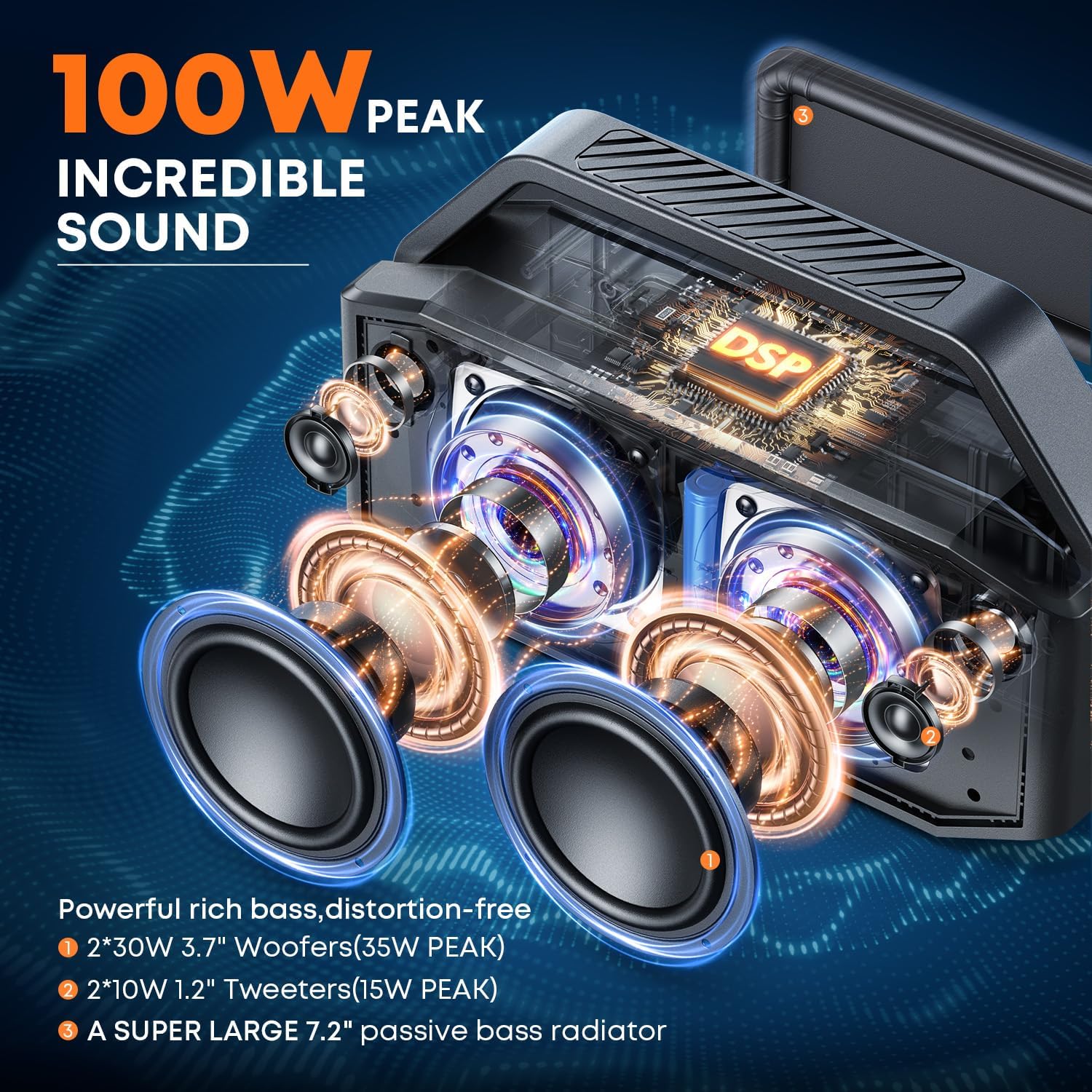 Detalle de W-KING D9-1 Portable Bluetooth Speaker, IPX7 Waterproof, 100W Peak