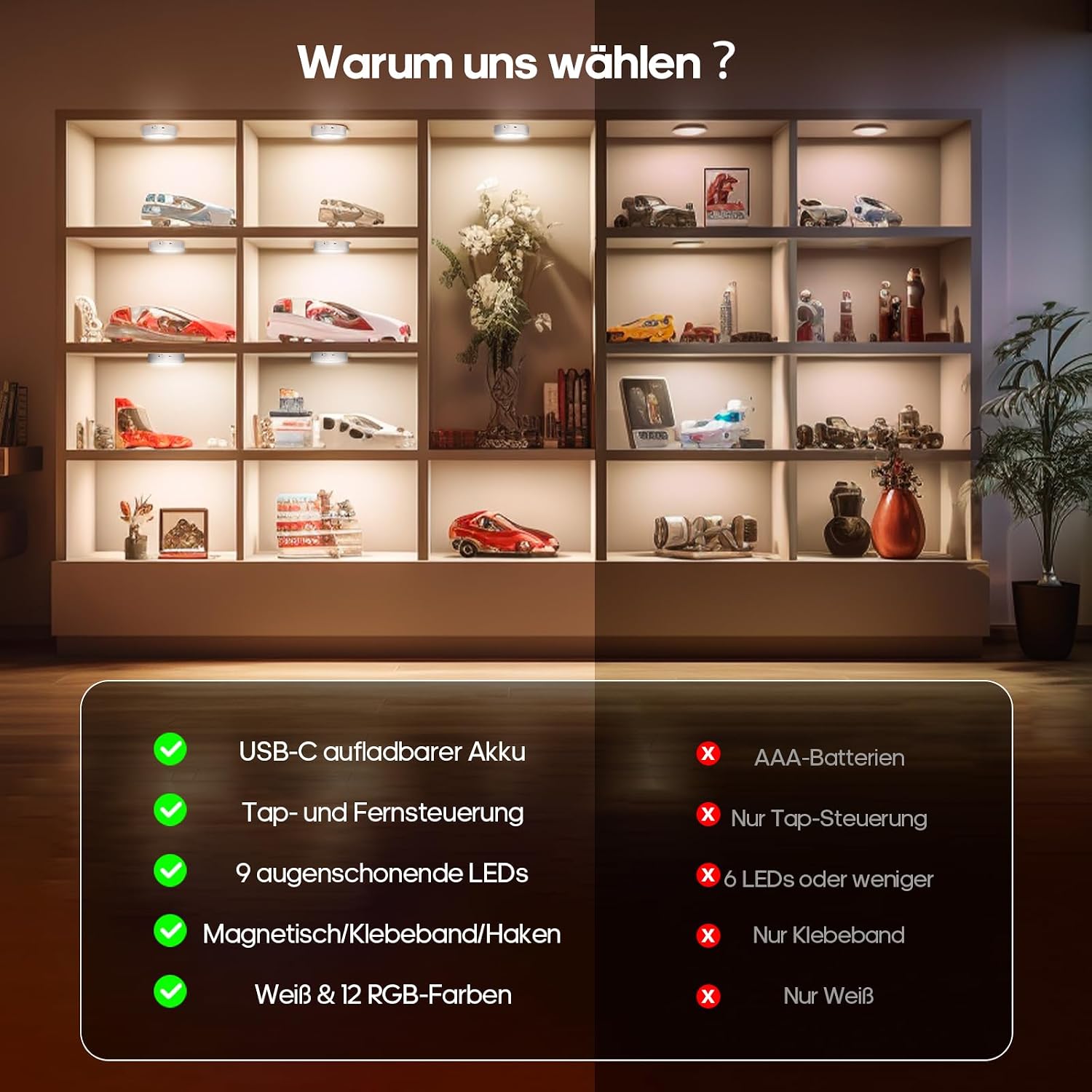 Detalle de GOODEA.fun Kabellose Vitrinenbeleuchtung – 6× Aufladbare RGBW-Puck Lights mit Fernbedienung