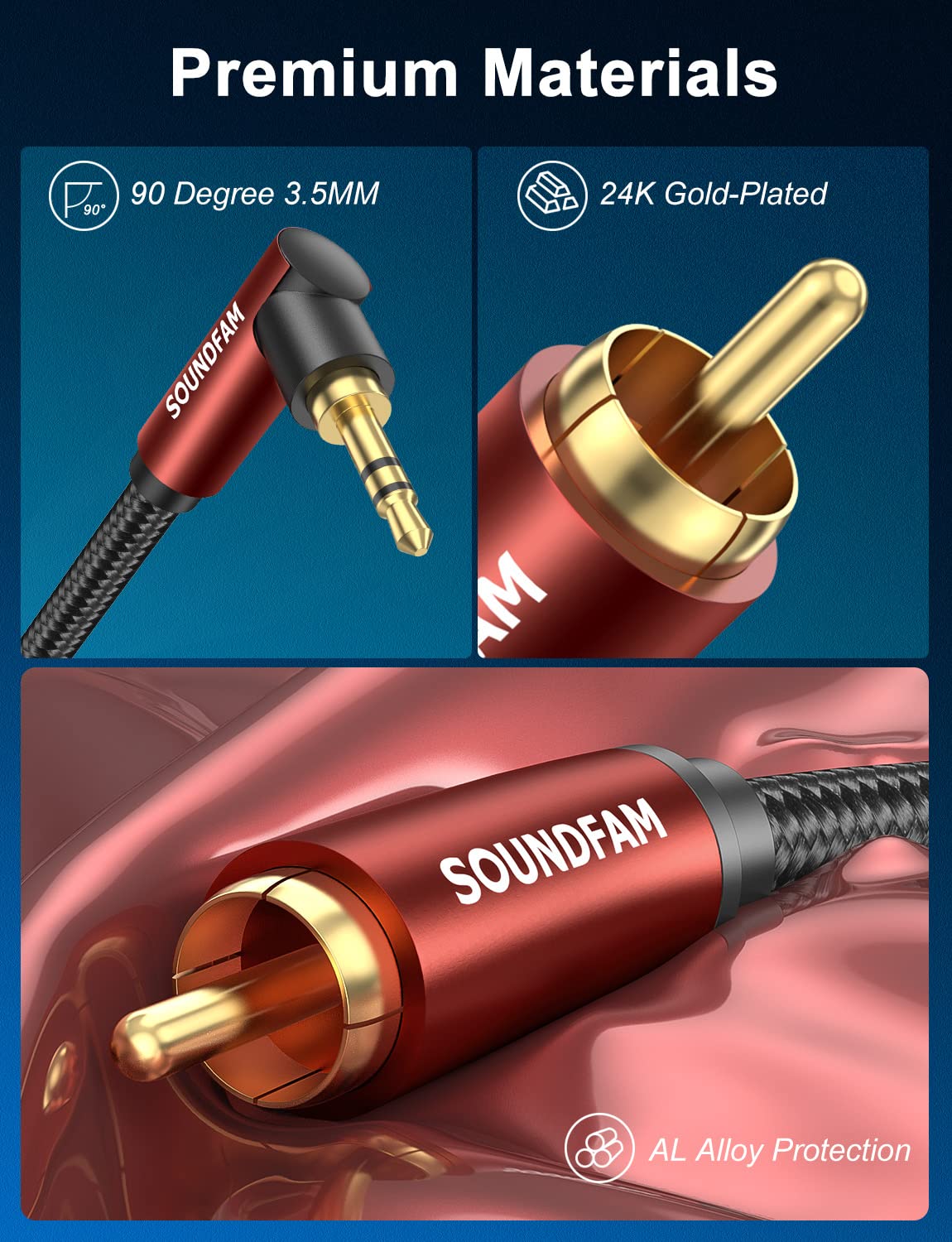 Thumbnail 4 de SOUNDFAM Cavo Audio Stereo HiFi 3,5mm a 2 RCA angolo retto 90° placcato oro 24K, doppia schermatura (3 m)