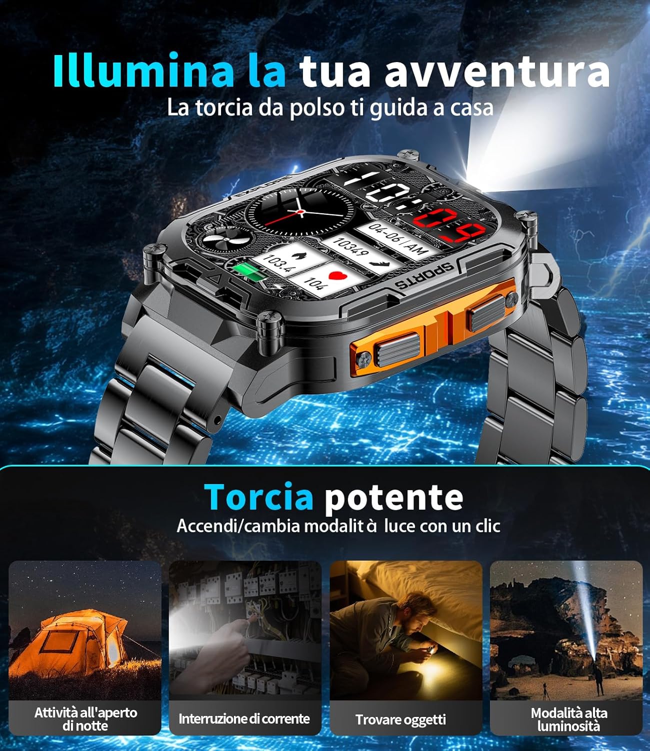 Detalle de HIRREO Smartwatch Uomo Militare con Batteria 1000 mAh, IP68 e Chiamate Bluetooth