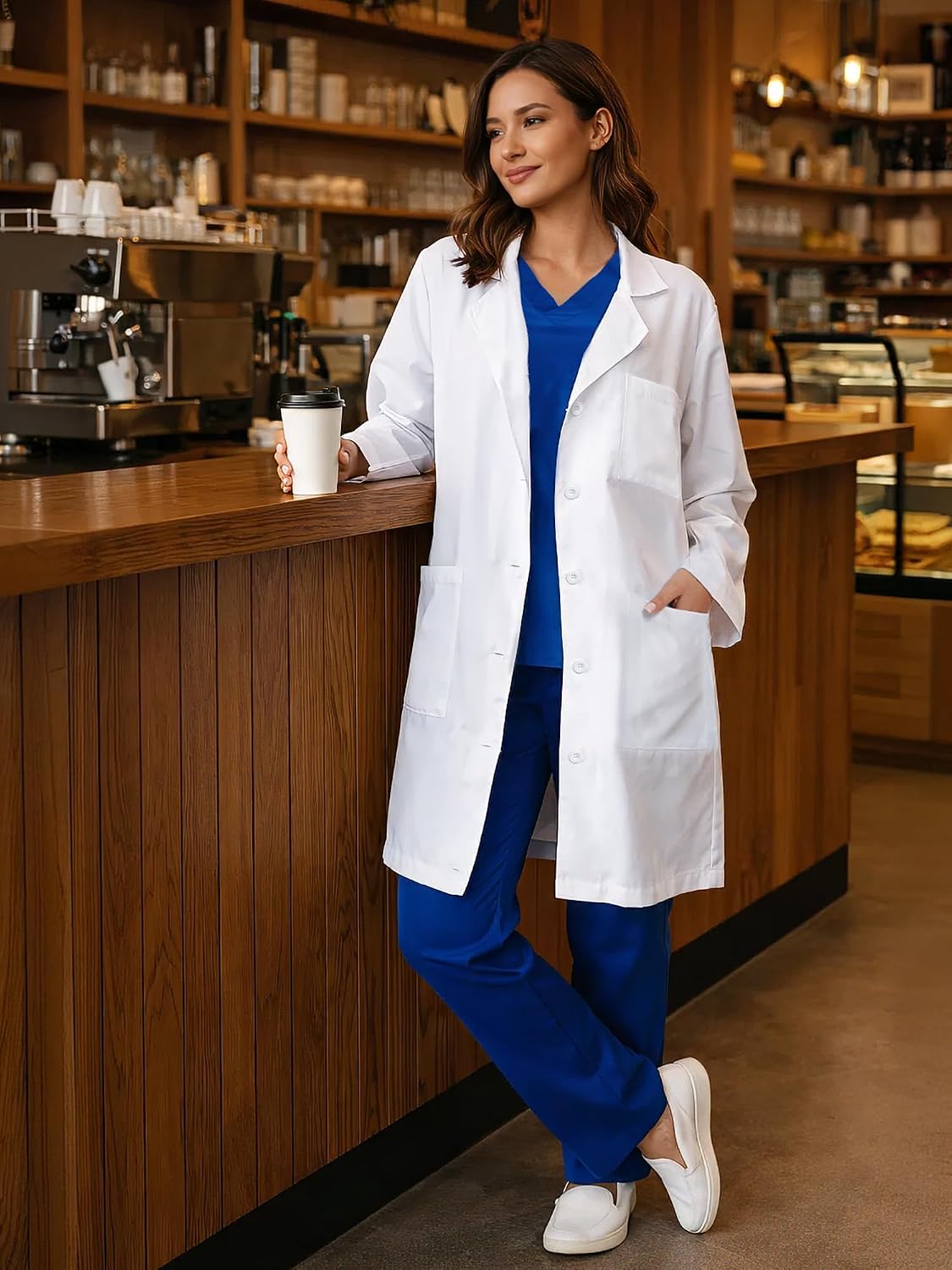 Detalle 2 de Floralhue Women's Lab Coat, White Polyester, 3 Pockets, Relaxed Fit