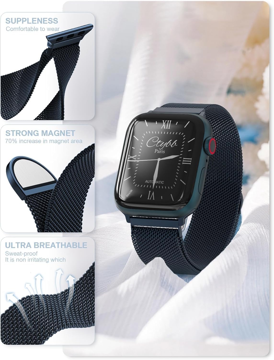 Thumbnail 4 de ORRLBB magnetic metal strap for Apple Watch (Series 11–1, 49mm to 38mm) with adjustable clasp