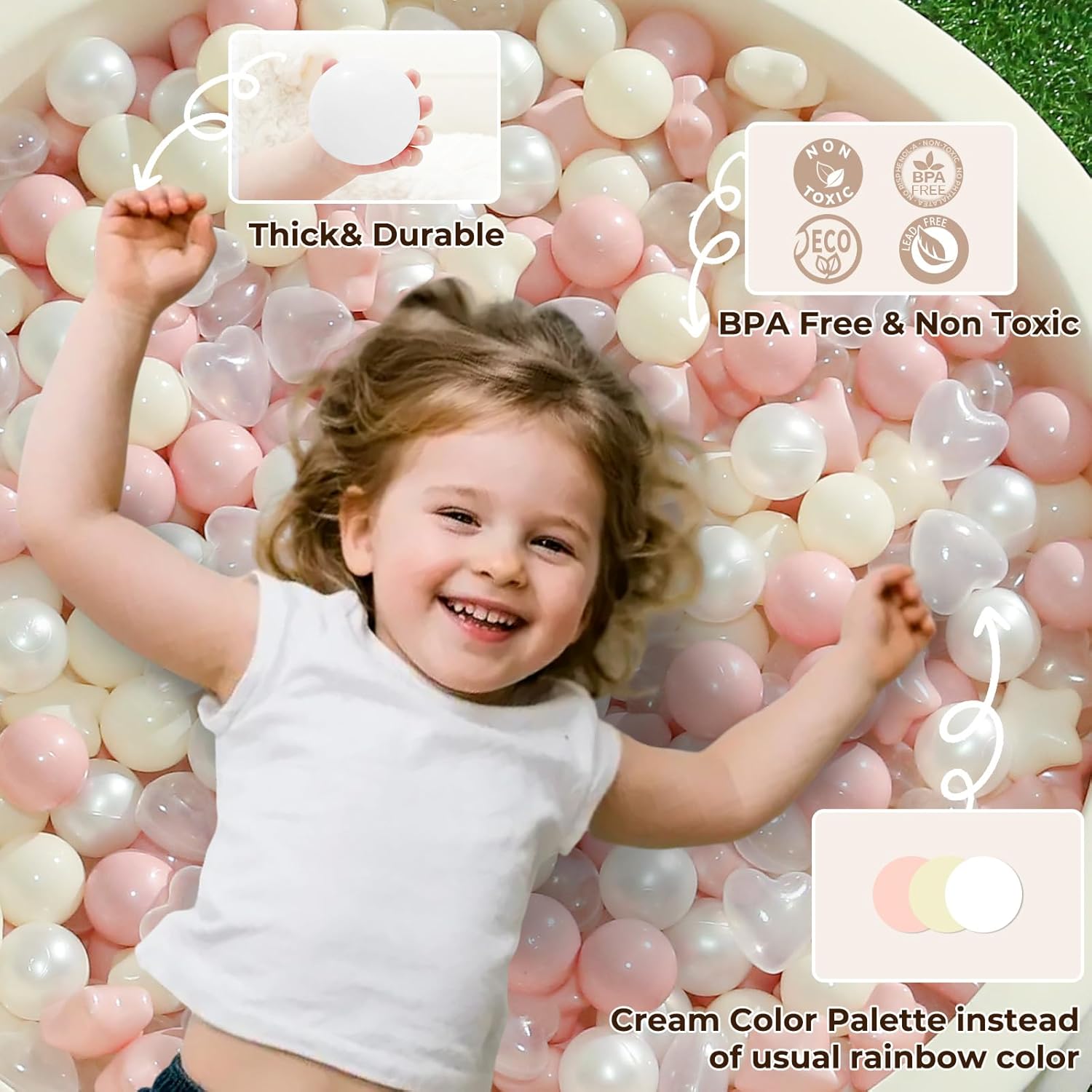 Thumbnail 6 de TRENDPLAY Ball Pit Balls Star and Heart Shapes — 200 Count (2.5" Stars, 2.2" Balls) in Cream Pink Beige Pearl White Clear