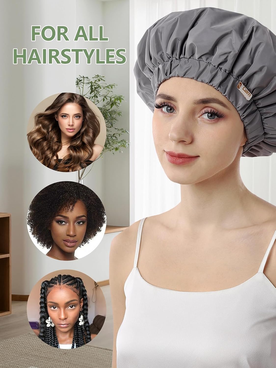 Detalle de Years calm YC-JYM Reusable Shower Cap, Grey, Double-Layer Satin Lining