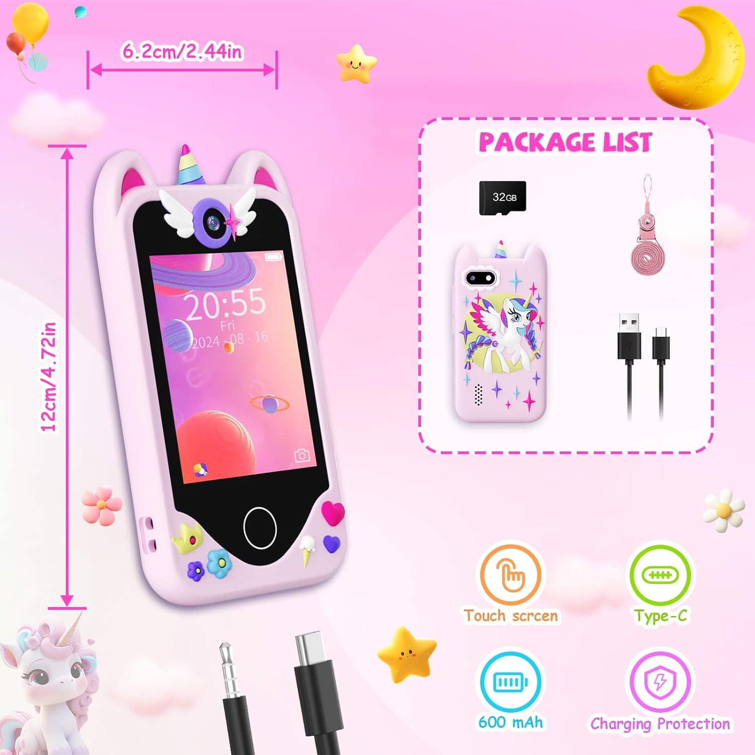 Thumbnail 6 de Yosfeng Kids Smart Phone for Girls (Ages 3-6) Toy Cell Phone with Touchscreen, Dual Cameras, 32 GB Card