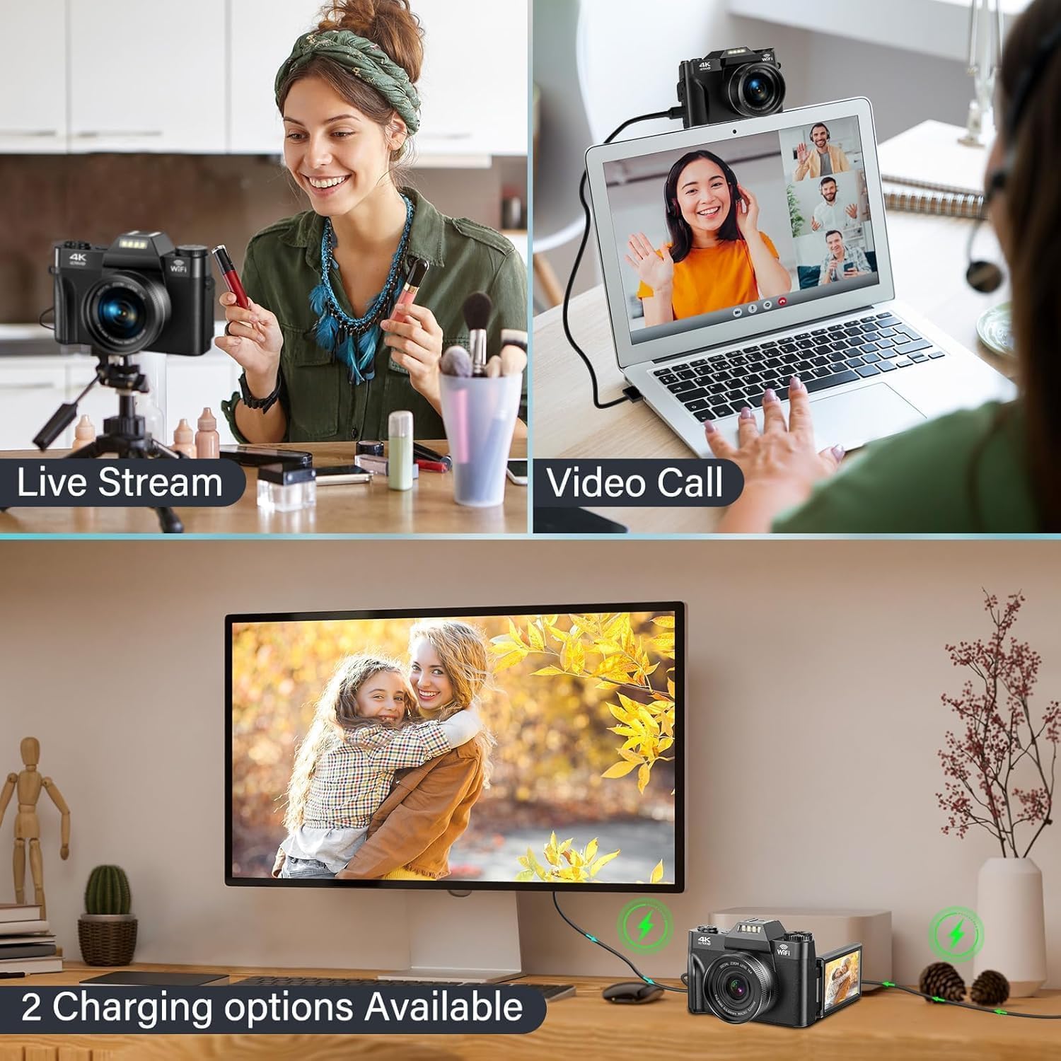 Thumbnail 5 de 4K 75MP Wi‑Fi Digital Camera for Beginners with 3-Inch Flip Screen, 32GB + Dual 1500mAh Batteries