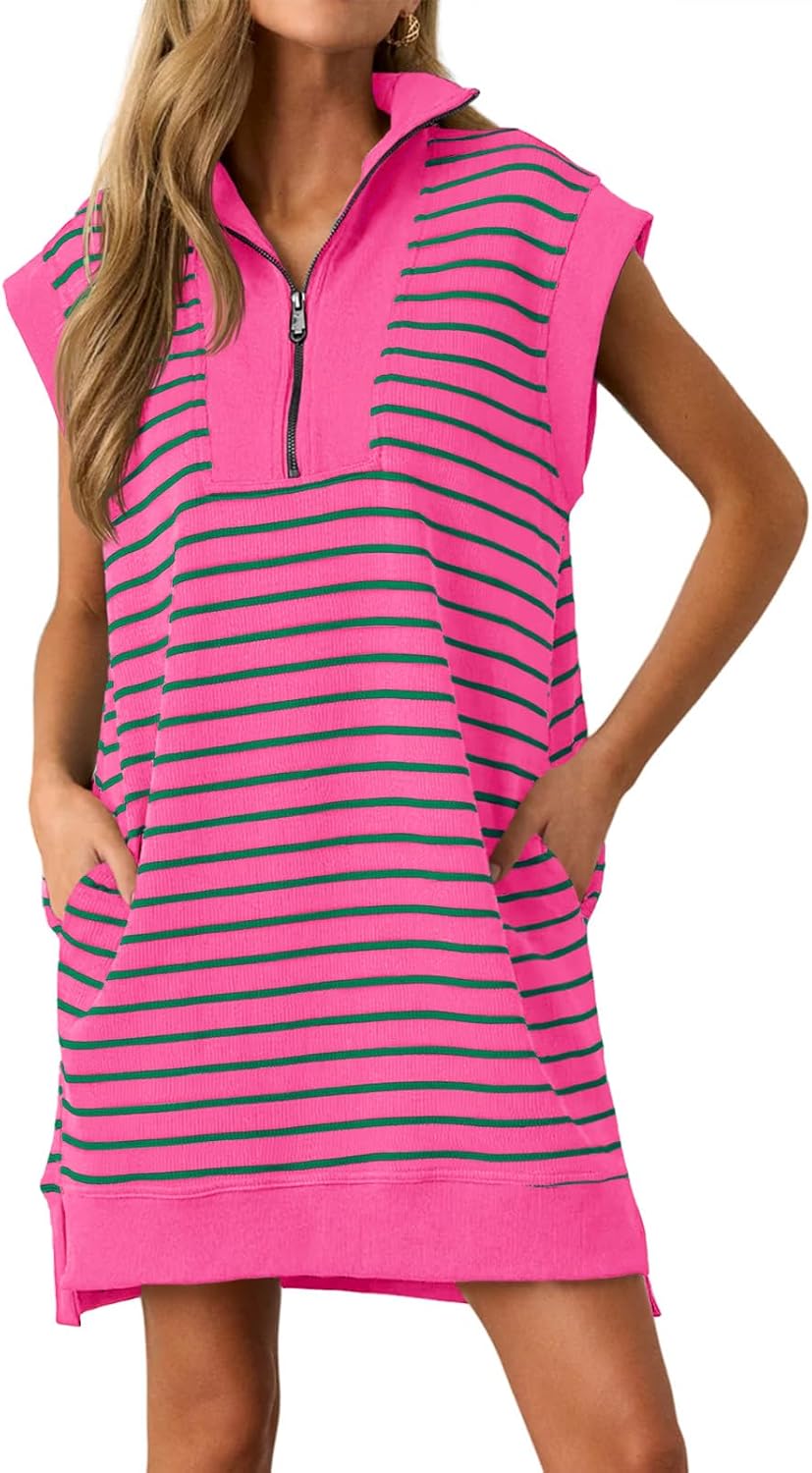 Thumbnail 6 de Wenrine Women’s Striped Mini Dress with Front Zipper, Cap Sleeves & V-Neck