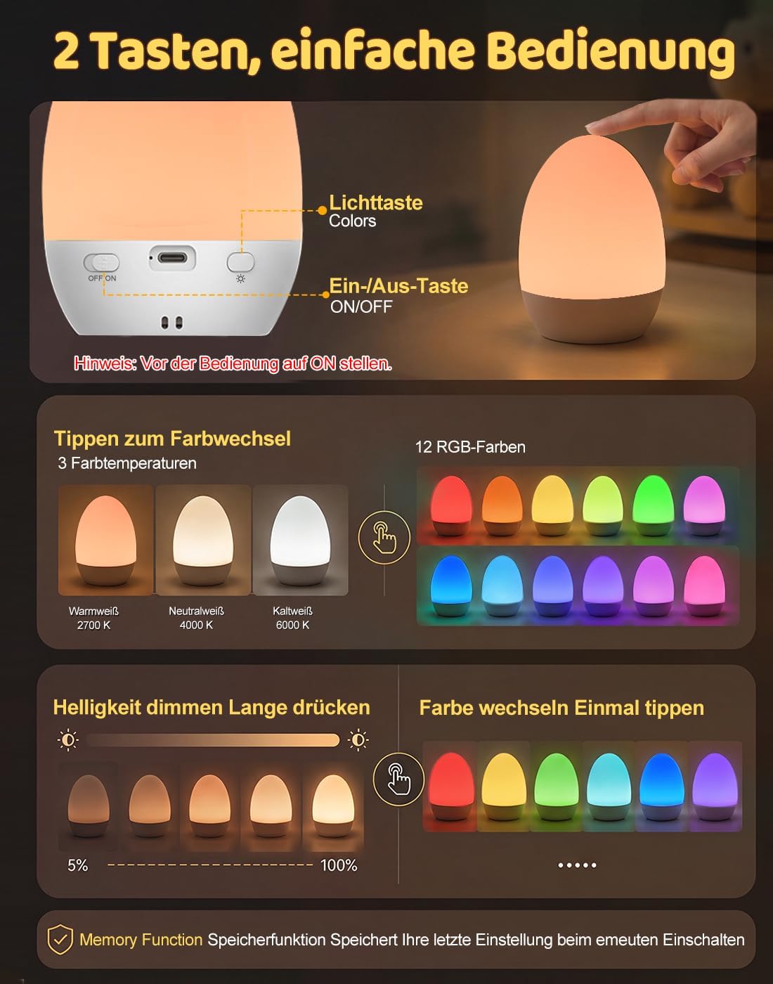 Thumbnail 1 de AmazeFun Stilllicht Dimmbar Eggy Egg – 3 Farbtemperaturen, 12 RGB-Farben, wiederaufladbar