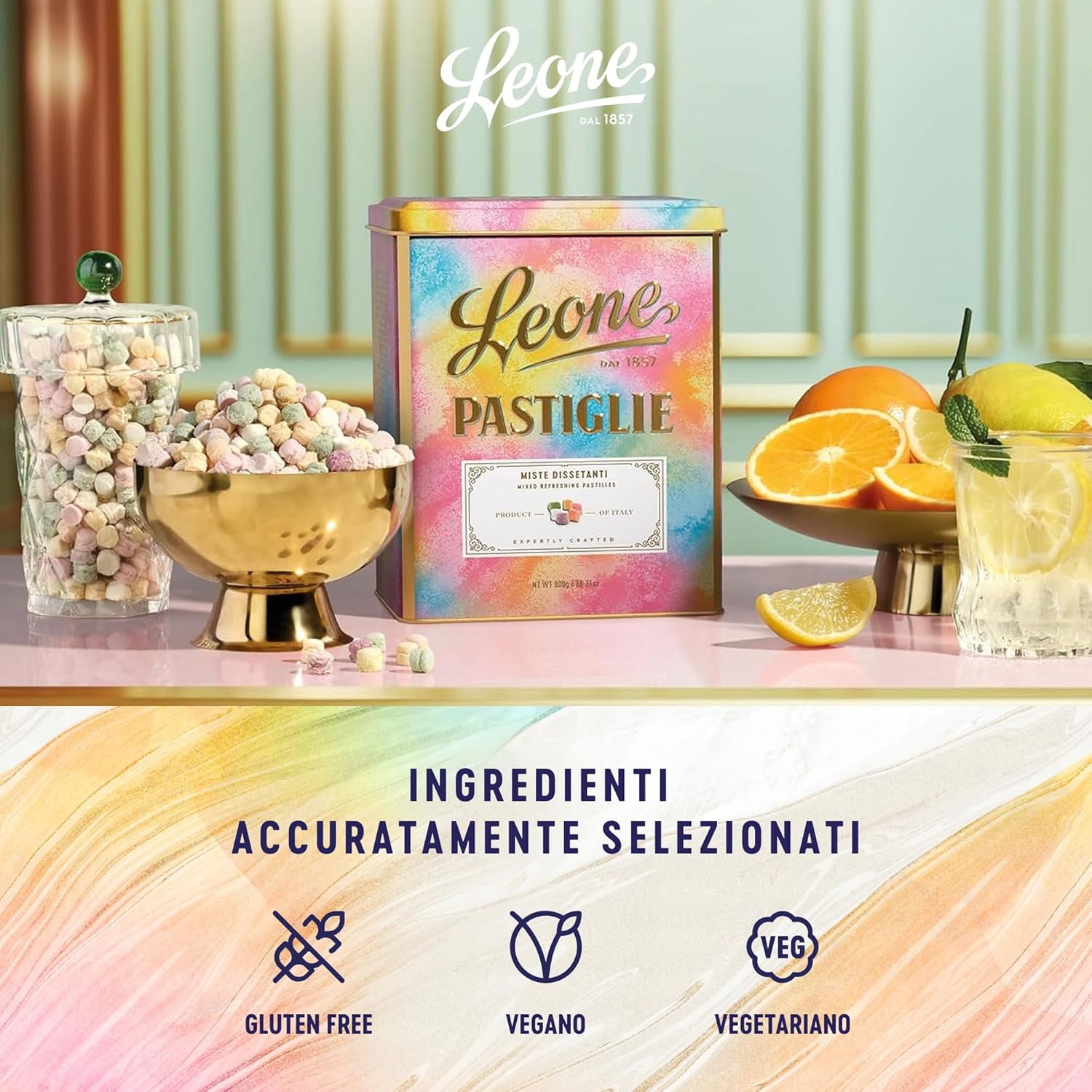 Detalle 2 de Leone dal 1857 Latta Pastiglie Leomne Miste Dissetanti 800 g: vegane e senza glutine, gusto tradizionale