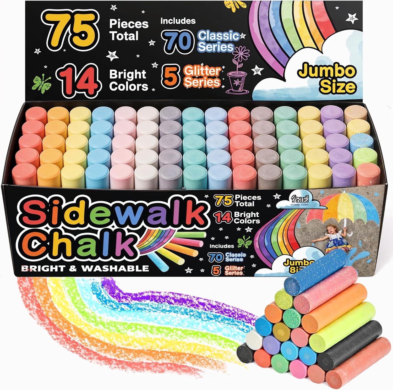 Detalle de 75 PCS Sidewalk Chalk for Kids - 14 Colors, 5 Glitter, Non-Toxic Washable Jumbo Chalks