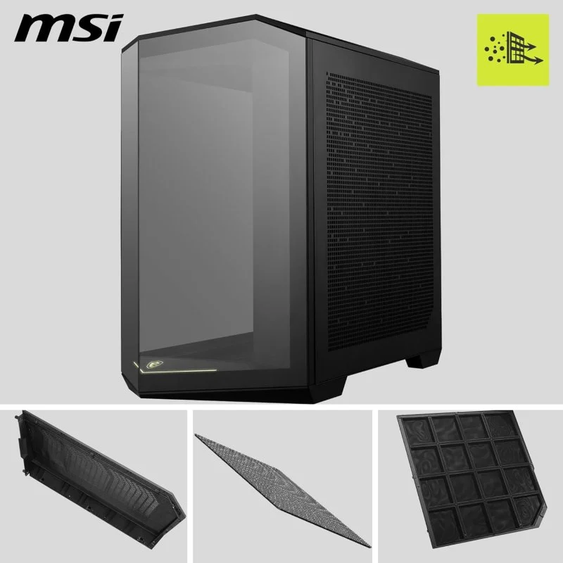 Detalle de MSI MAG PANO 100R PZ ARGB: torre semitorre negra con panel de vidrio templado y USB-C