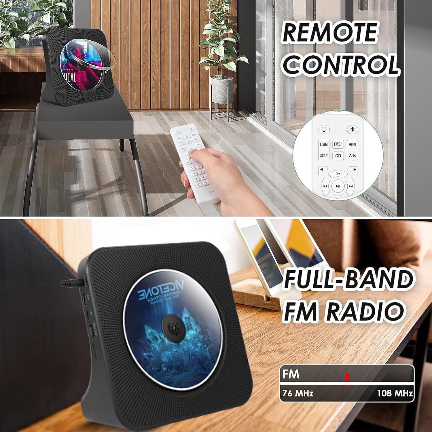 Detalle de Lecteur CD Bluetooth Design Bureau — Radio portable avec double haut-parleurs, timer et ports USB/AUX