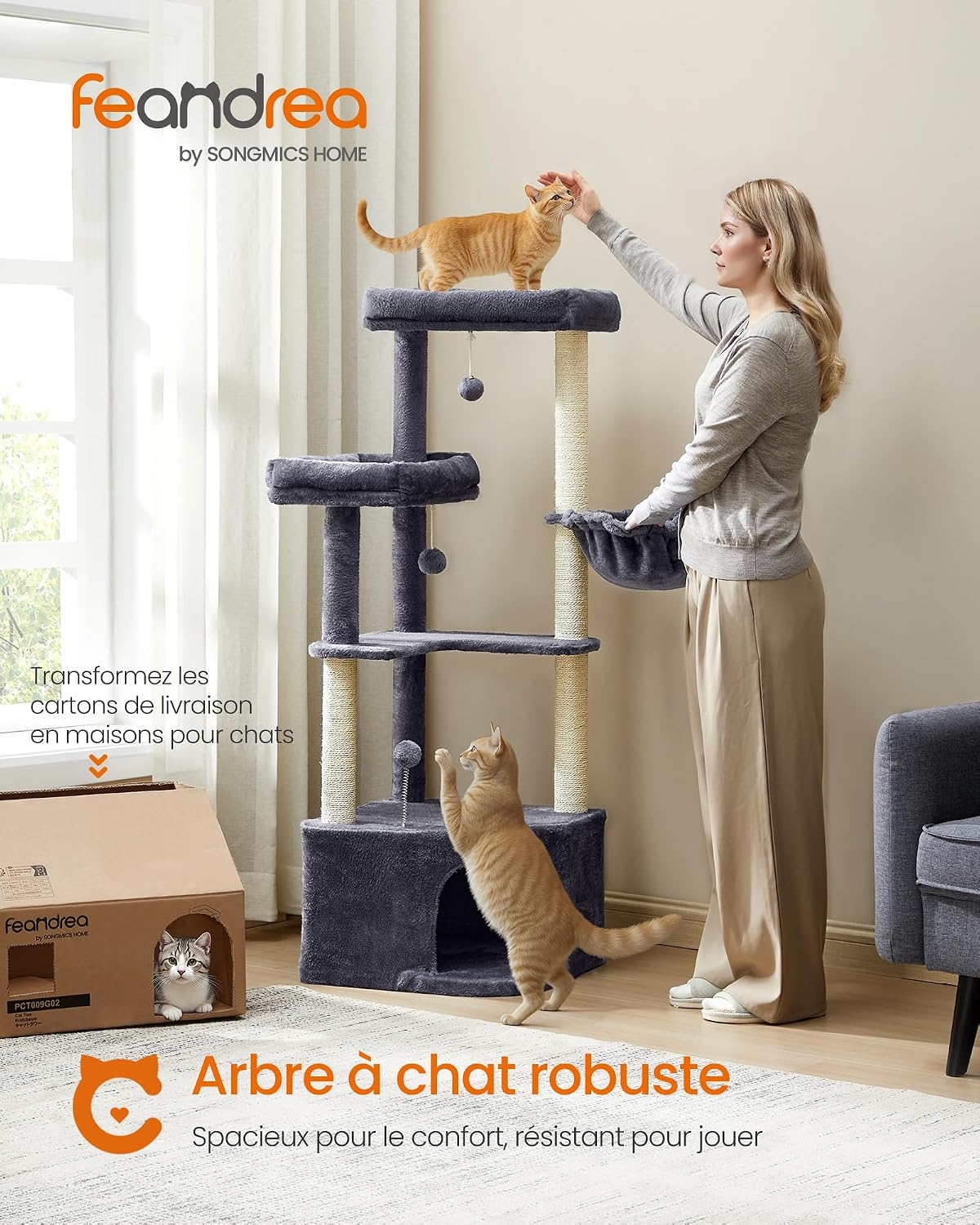 Detalle de Feandrea Arbre à Chat PCT009G02 – Tour de Jeux 140,7 cm pour grands chats et foyers multi-chat