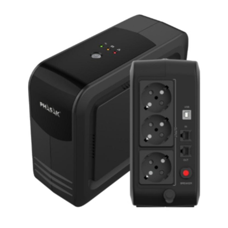 Detalle de Phasak SAI 750VA line-interactive con batería de plomo-calcio, USB HID y protección RJ45