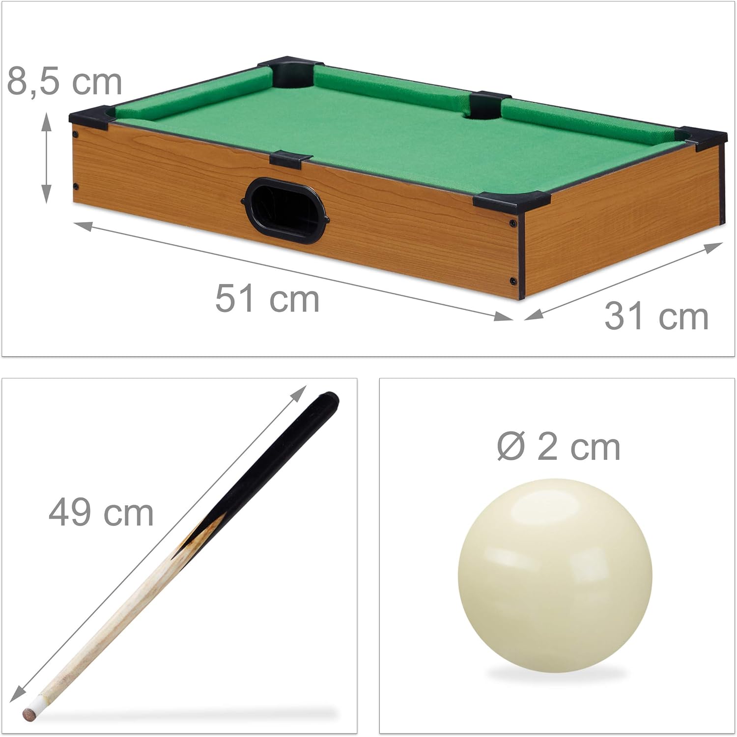 Detalle de Relaxdays Mini table de billard bois – 2 queues, boules et triangle, version vert