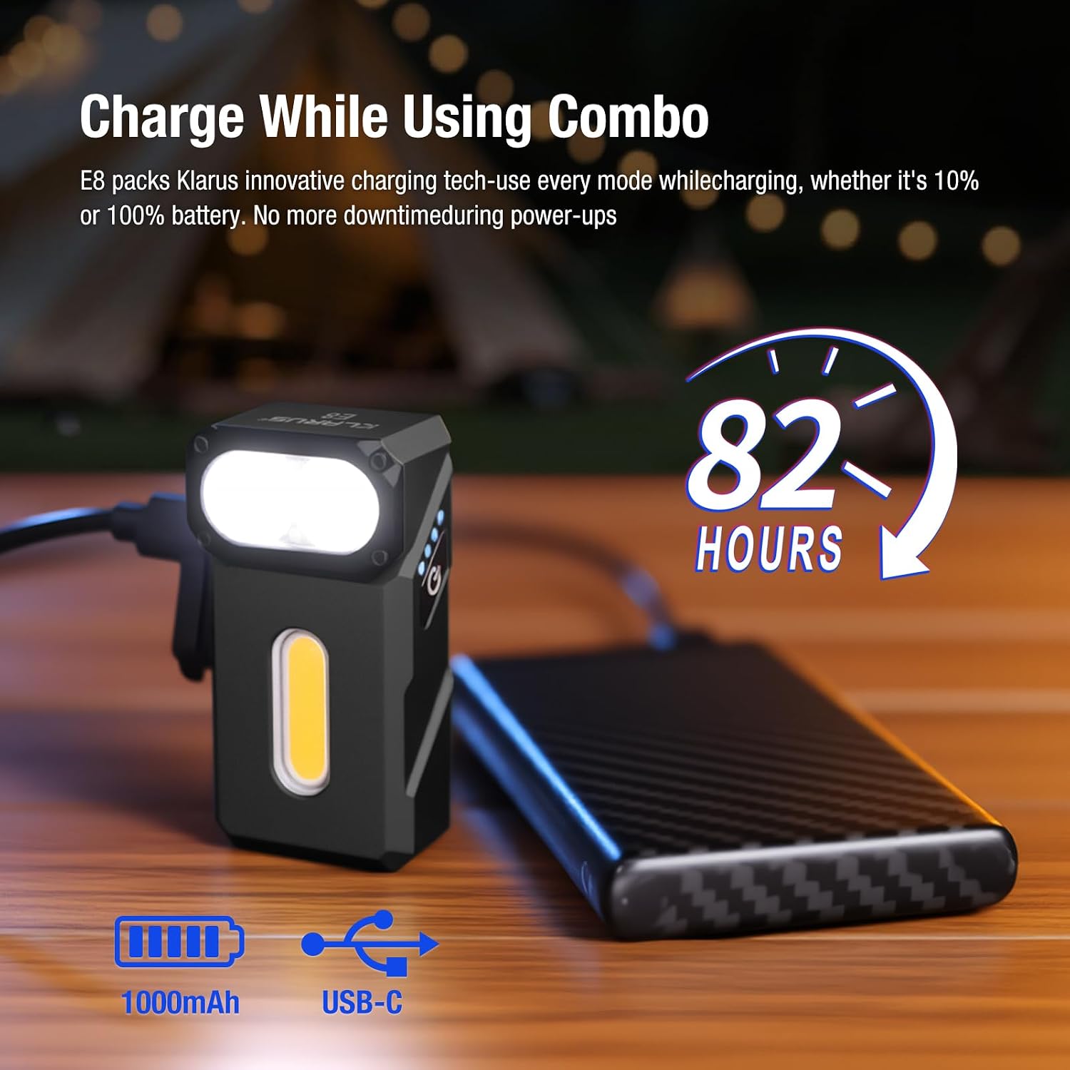 Detalle de KLARUS E8 EDC : lampe torche rechargeable triple lumière, tête pivotante 180° et éclairage de travail