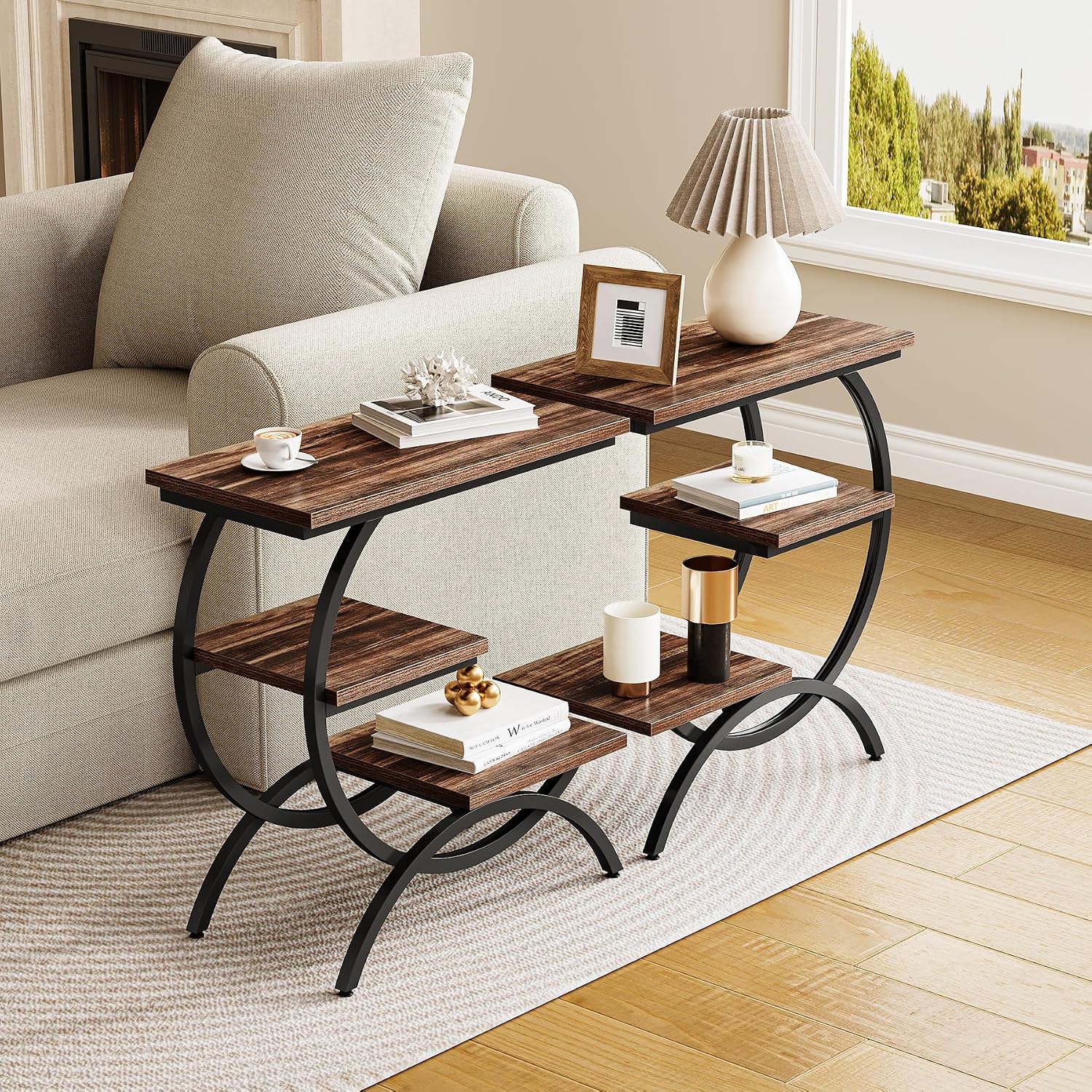Detalle 2 de LITTLE TREE End Table Set 2, Narrow Sofa Side Table with 3 Shelves