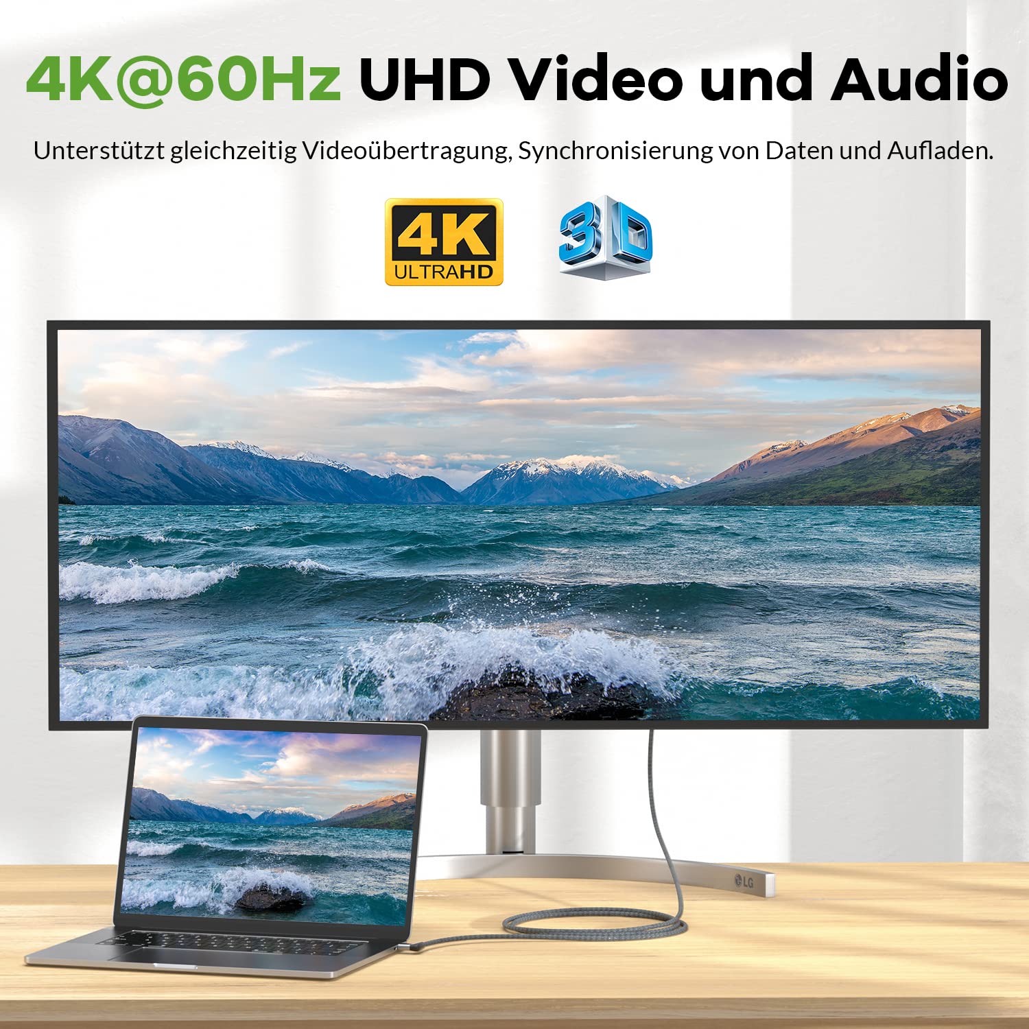 Detalle de 90° USB-C Kabel, USB-C 3.2 Gen2×2, 20 Gbps, 240 W PD PPS AVS, 2 m – 90° Ladekabel mit 4K/2K Videoübertragung