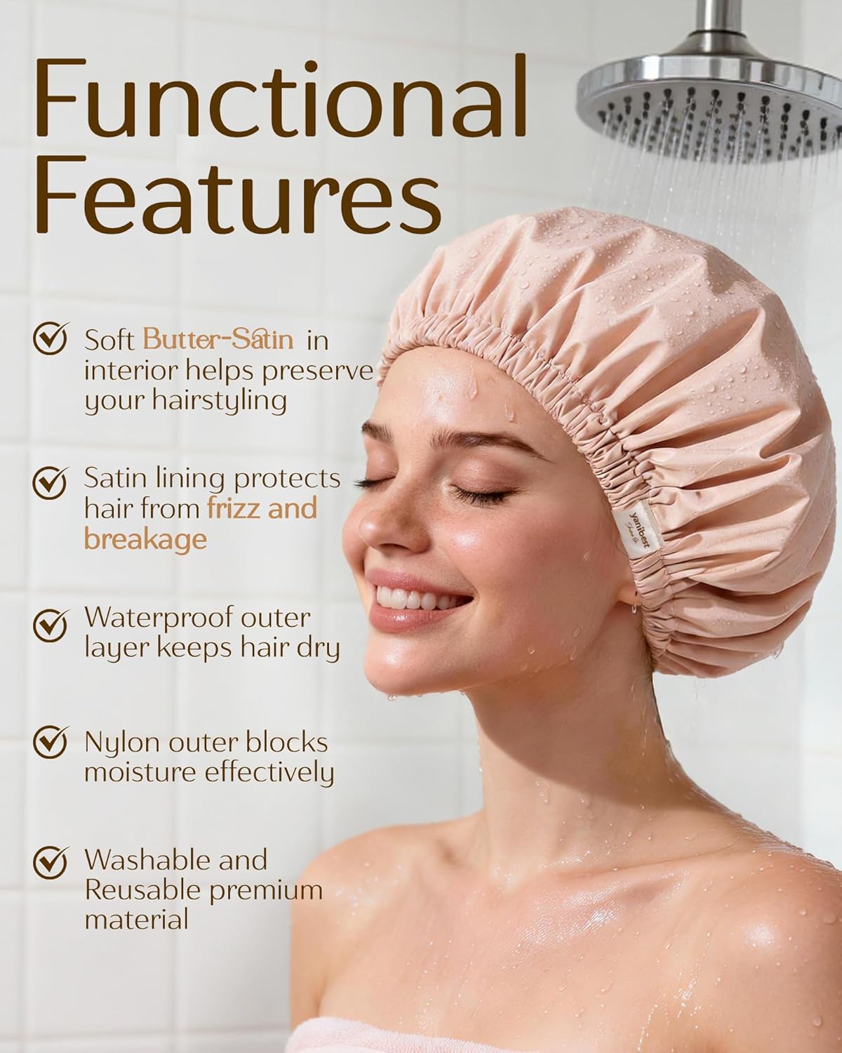 Thumbnail 3 de Yanibest Satin Lined Shower Cap for Women – Large, Reusable Waterproof Cap with Soft Elastic Band (Peachy Pink)
