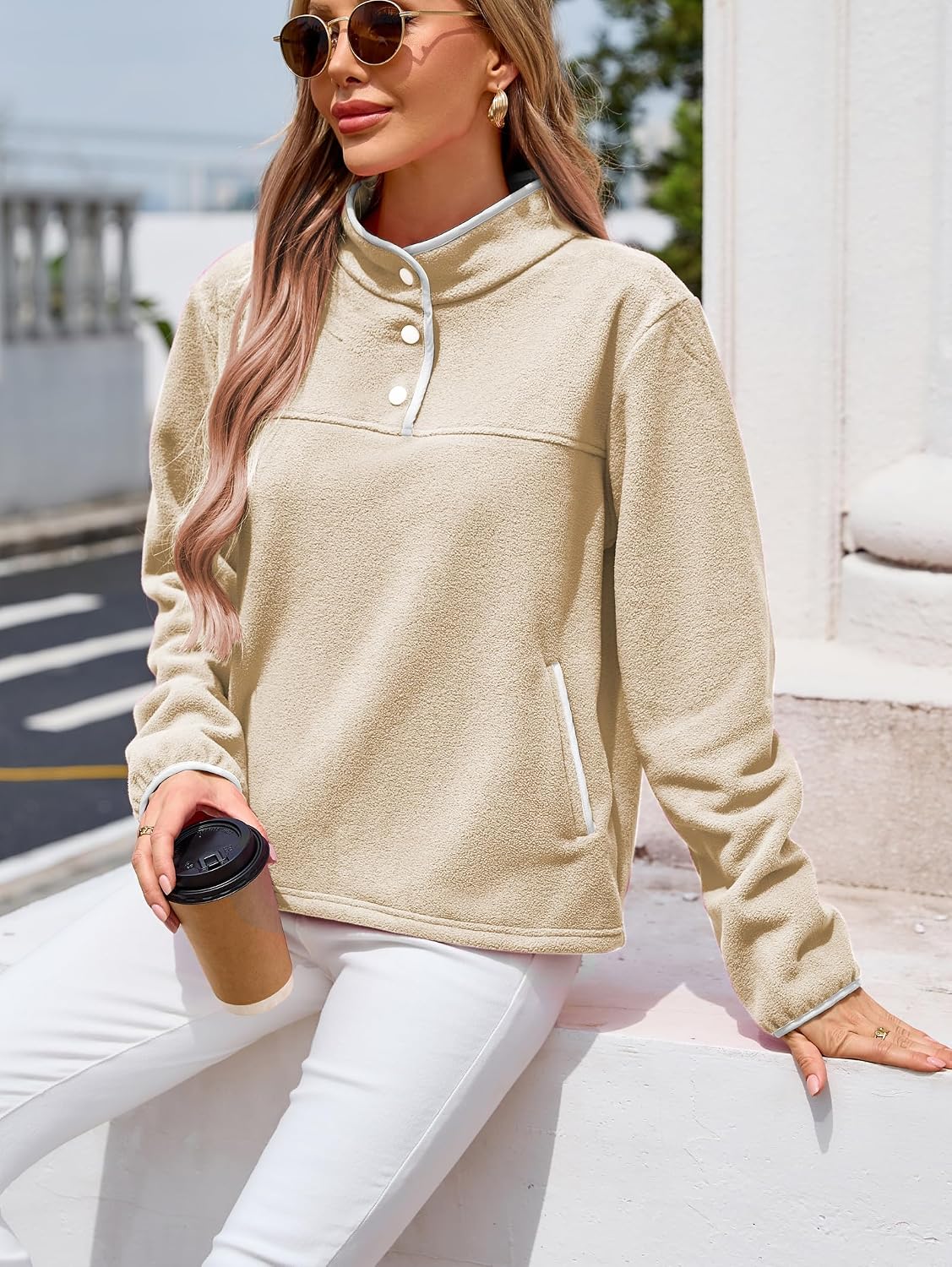 Thumbnail 2 de iChunhua 1/4 Button Funnel Neck Fleece Sweatshirt for Women with Pockets