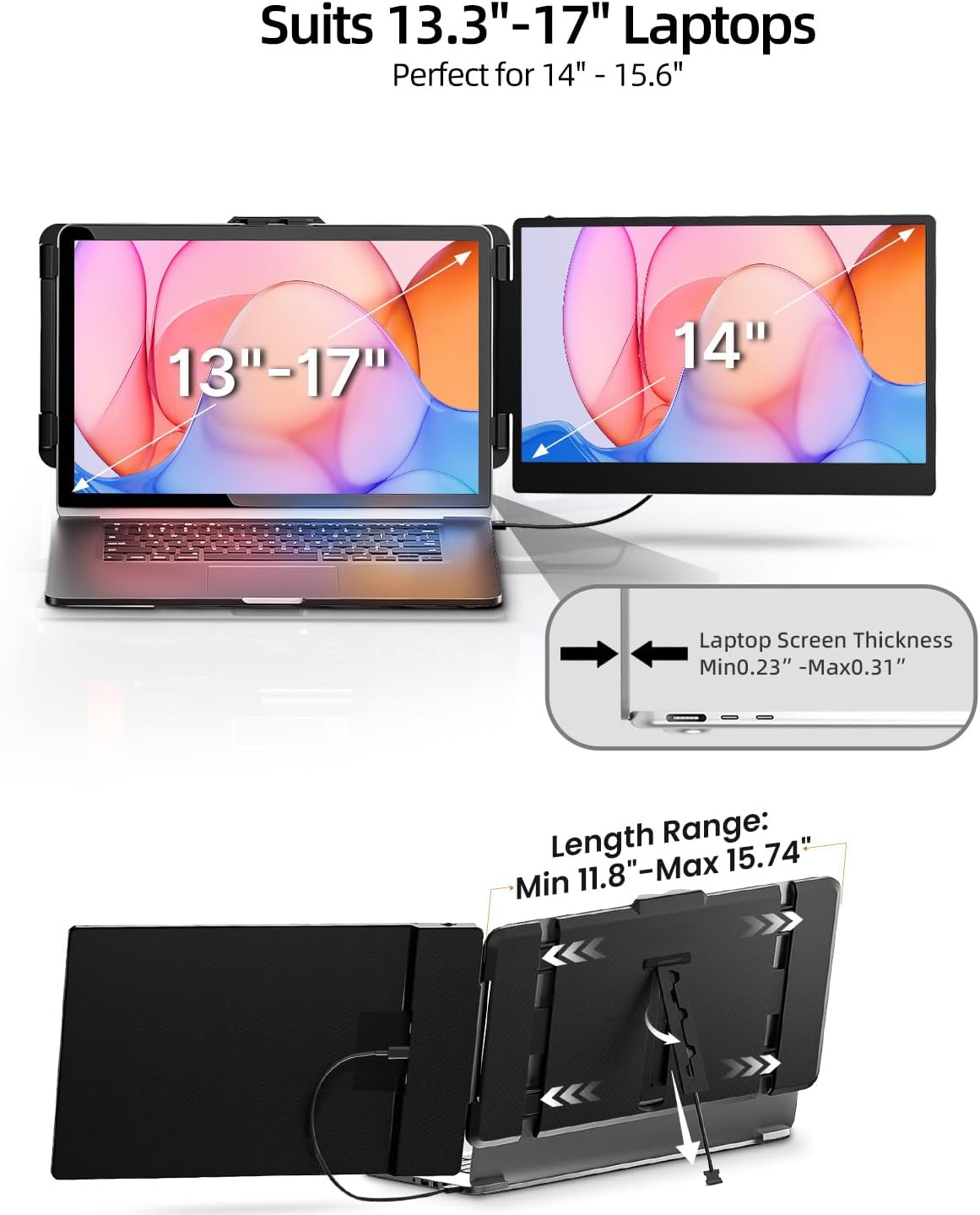 Detalle de Laptop Screen Extender 14" FHD Dual Portable Monitor (IPS, 1080P) — Plug & Play Travel Screen for Laptops