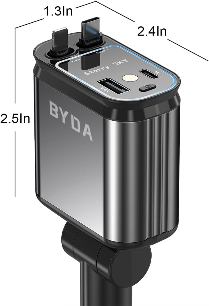 Thumbnail 6 de BYDA 70W 4-in-1 einziehbares Kfz-Ladegerät – Schnellladung für iPhone 16/15/14/13/12 und USB-C/USB-A (69 W Gesamt, 180° Verstellbarer Stecker, Schwarz, Lightning+USB-C, Purple Light)