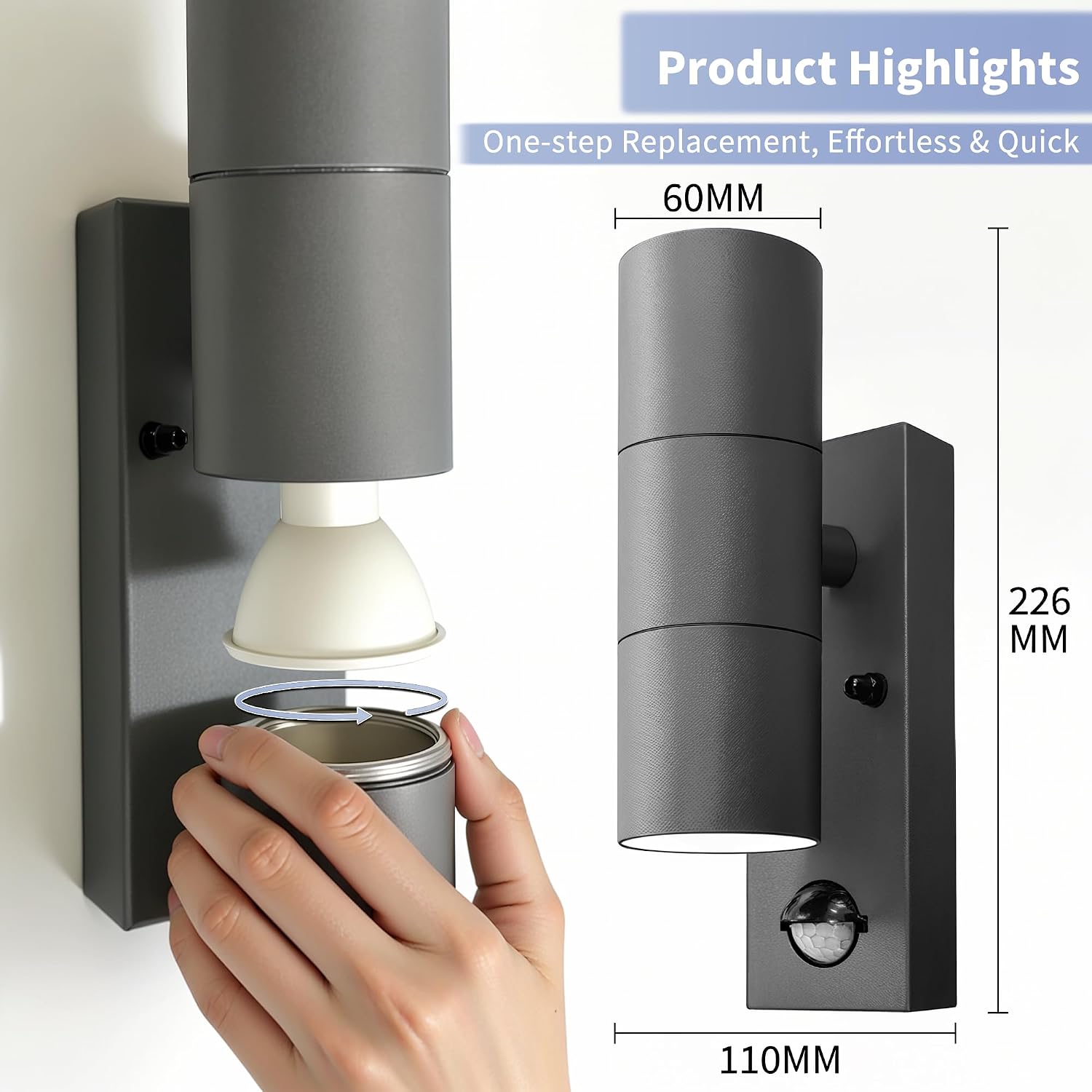 Thumbnail 6 de YOVGQOLV Motion Sensor Outdoor Wall Lights: Up & Down, 2x5W GU10, Stainless Steel, IP54, Anthracite