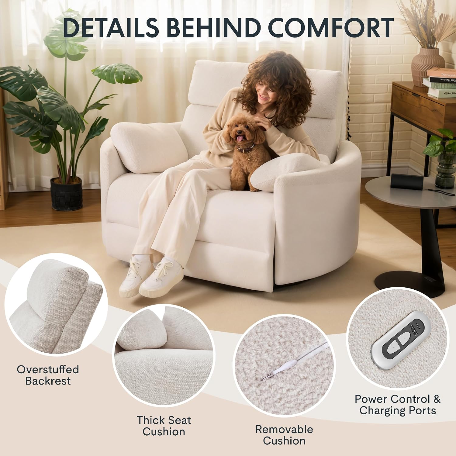 Thumbnail 6 de FLEXISPOT Oversized Power Recliner Chair (Mochi) – Extra Wide 54" Zero-Wall, USB & Type-C, Plush Chenille
