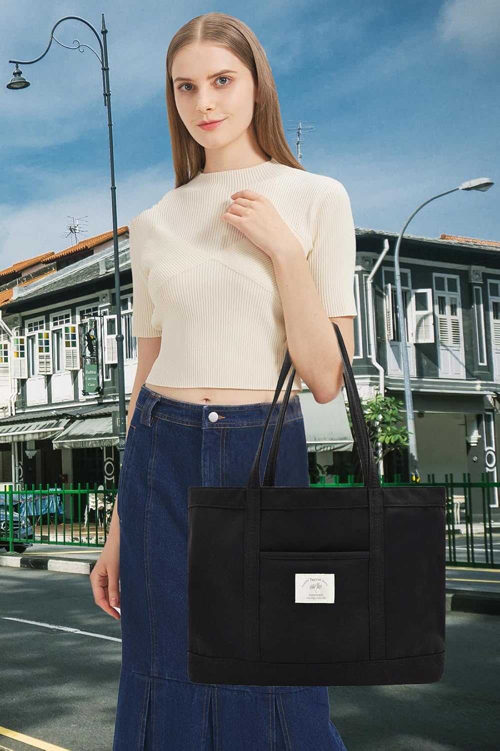 Thumbnail 2 de Damen Shopper aus Nylon mit Reißverschluss – Damen Handtasche/Umhängetasche mit Vordertasche