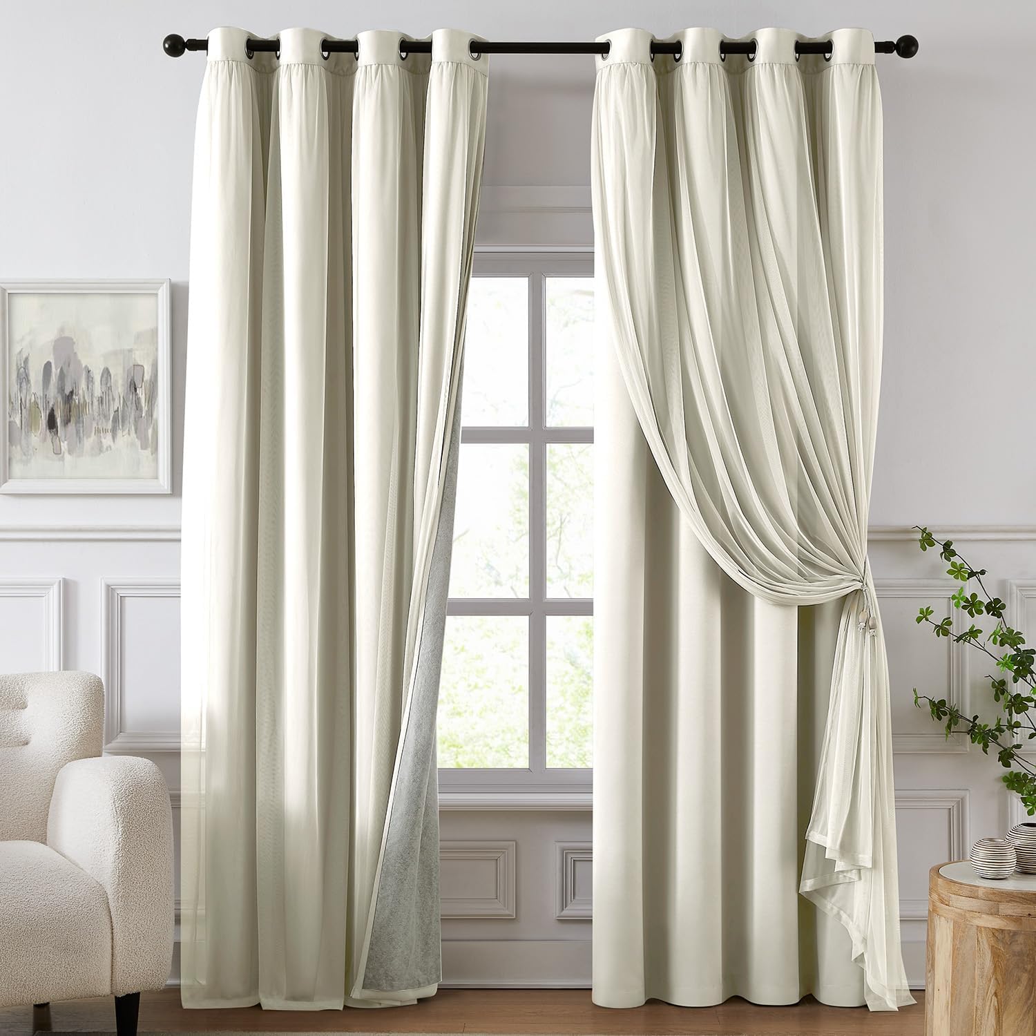 Detalle de Swandream Ivory 100% Blackout Curtains, Double Layer, 52" x 84", 2 Panels
