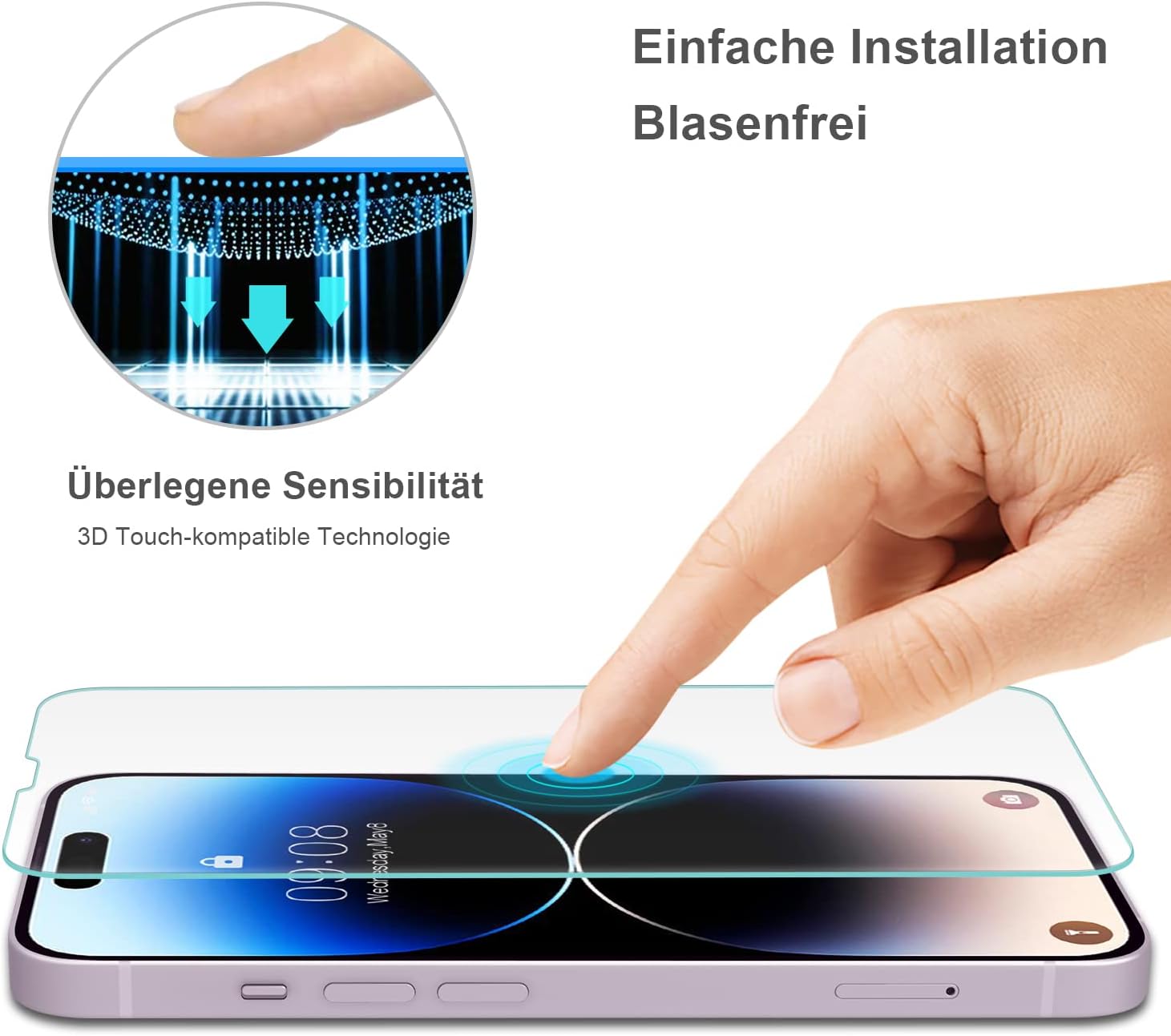 Detalle 2 de Ecenone Displayschutzfolie für iPhone 14 Pro (6,1 Zoll) – 3er-Set, 9H Härte, kratzfest, blasenfrei